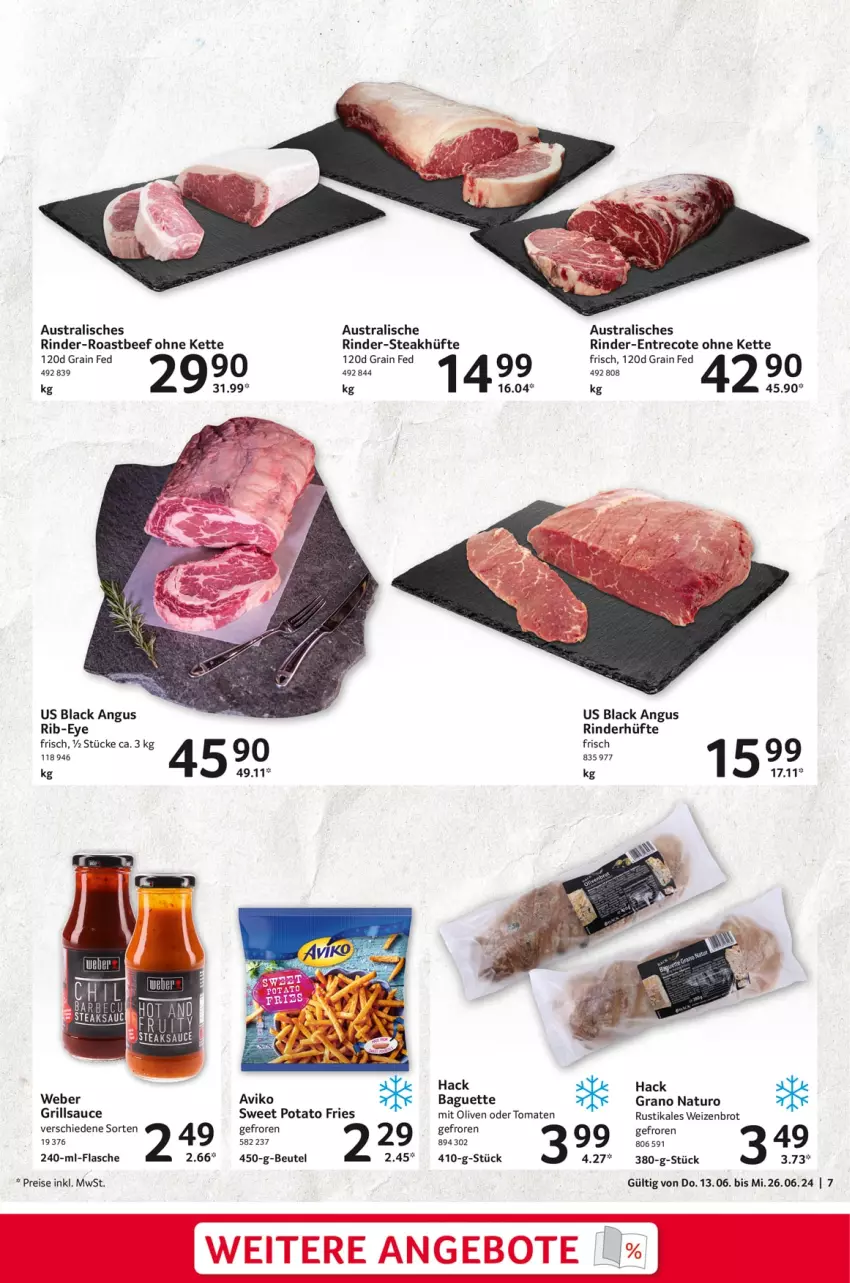 Aktueller Prospekt Selgros - Gourmet Highlights - von 13.06 bis 26.06.2024 - strona 7 - produkty: aust, baguette, beef, beutel, brot, eis, flasche, grill, grillsauce, lack, natur, olive, oliven, reis, rind, rinder, Rinderhüfte, roastbeef, sauce, steak, steakhüfte, Ti, tomate, tomaten, weber, Weizenbrot