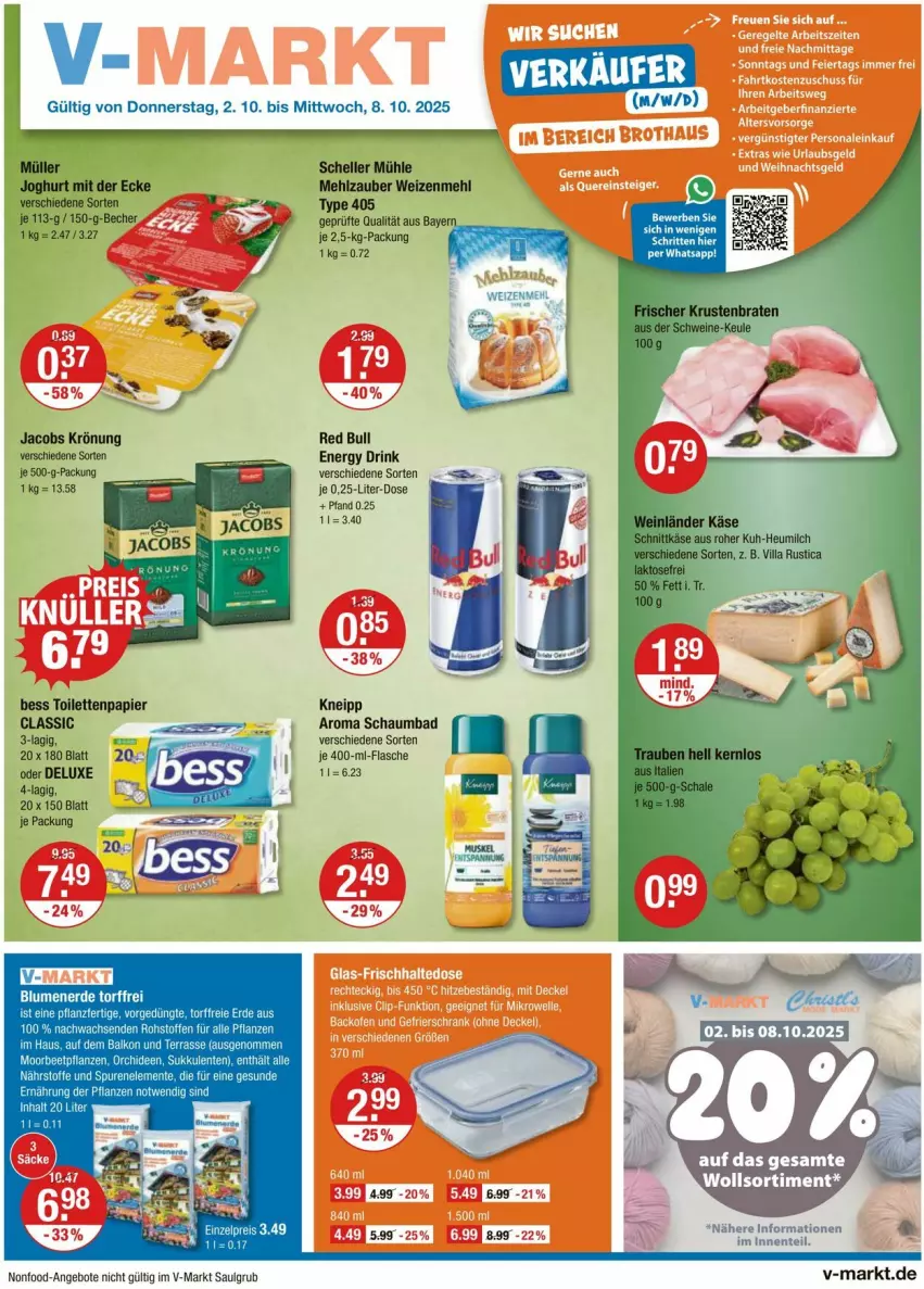 Aktueller Prospekt Vmarkt - Prospekte - von 02.10 bis 08.10.2025 - strona 1 - produkty: angebot, angebote, Bad, drink, elle, energy drink, ente, flasche, jacobs, jacobs krönung, kneipp, LG, mehl, papier, red bull, schaumbad, Ti, toilettenpapier, type 405, weizenmehl