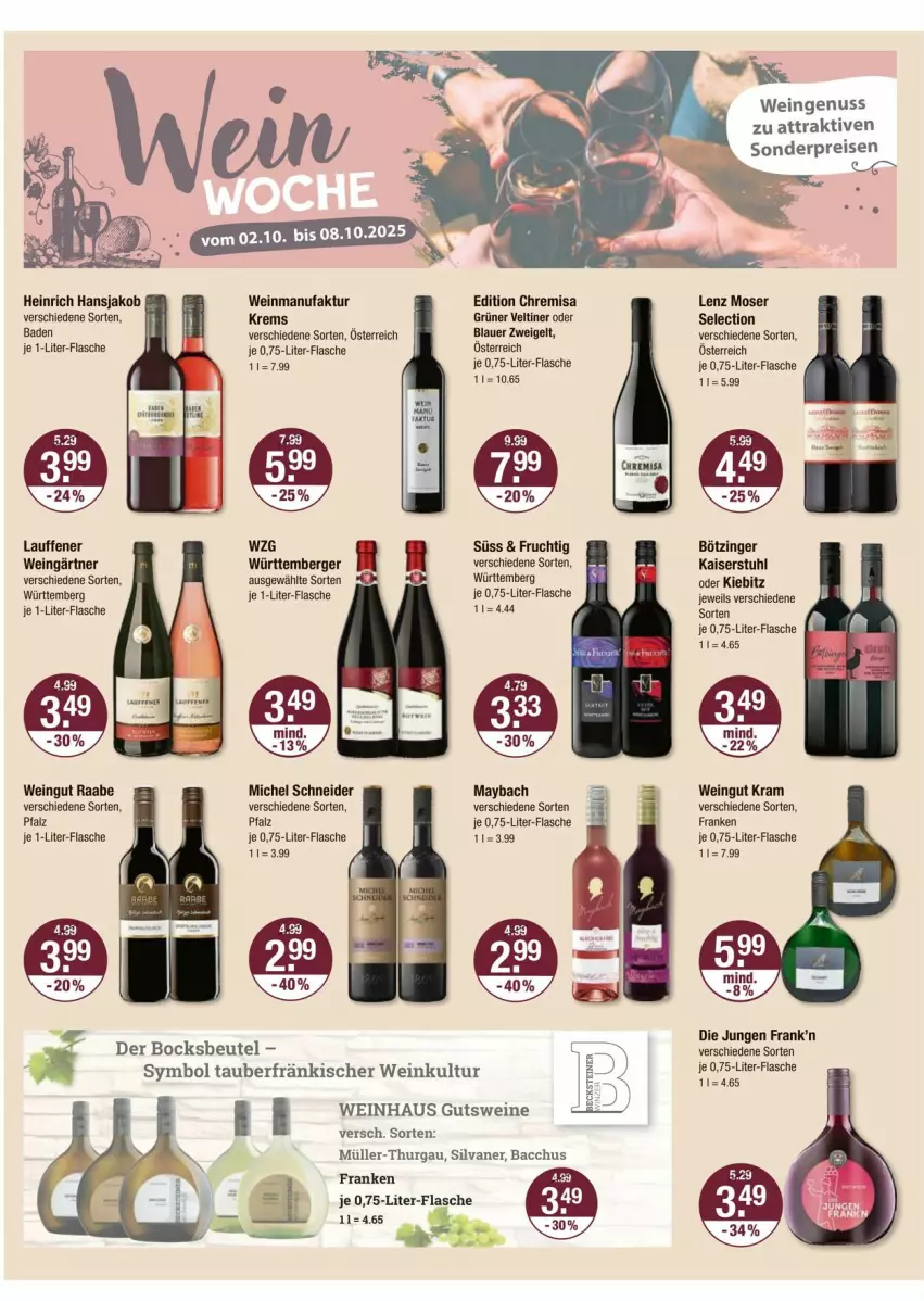 Aktueller Prospekt Vmarkt - Prospekte - von 02.10 bis 08.10.2025 - strona 12 - produkty: ACC, auer, Bad, Berger, beutel, blauer zweigelt, eis, Faktu, flasche, frucht, jako, je 1-liter-flasche, Kaiser, Lenz Moser, maybach, Michel Schneider, moser, Müller, Müller-Thurgau, nuss, reis, silvaner, stuhl, Ti, wein, weine, Zweigelt
