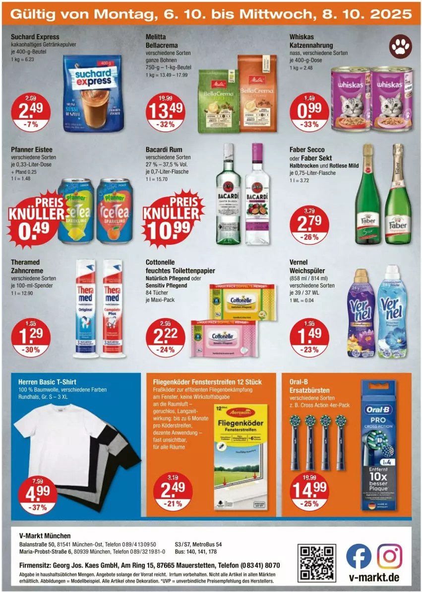 Aktueller Prospekt Vmarkt - Prospekte - von 02.10 bis 08.10.2025 - strona 24 - produkty: alle artikel ohne dekoration, angebot, angebote, auer, bacardi, bacardi rum, Bau, baumwolle, bellacrema, beutel, bohne, bohnen, cottonelle, creme, dekoration, dell, ecco, eis, eistee, elle, fenster, feuchtes toilettenpapier, flasche, kaes, katzennahrung, Liege, Metro, Mode, obst, papier, pfanne, Pfanner, reifen, reis, Ria, ring, rum, sekt, shirt, T-Shirt, tee, telefon, teller, theramed, Ti, toilettenpapier, tücher, vernel, weichspüler, whiskas, wolle, zahncreme