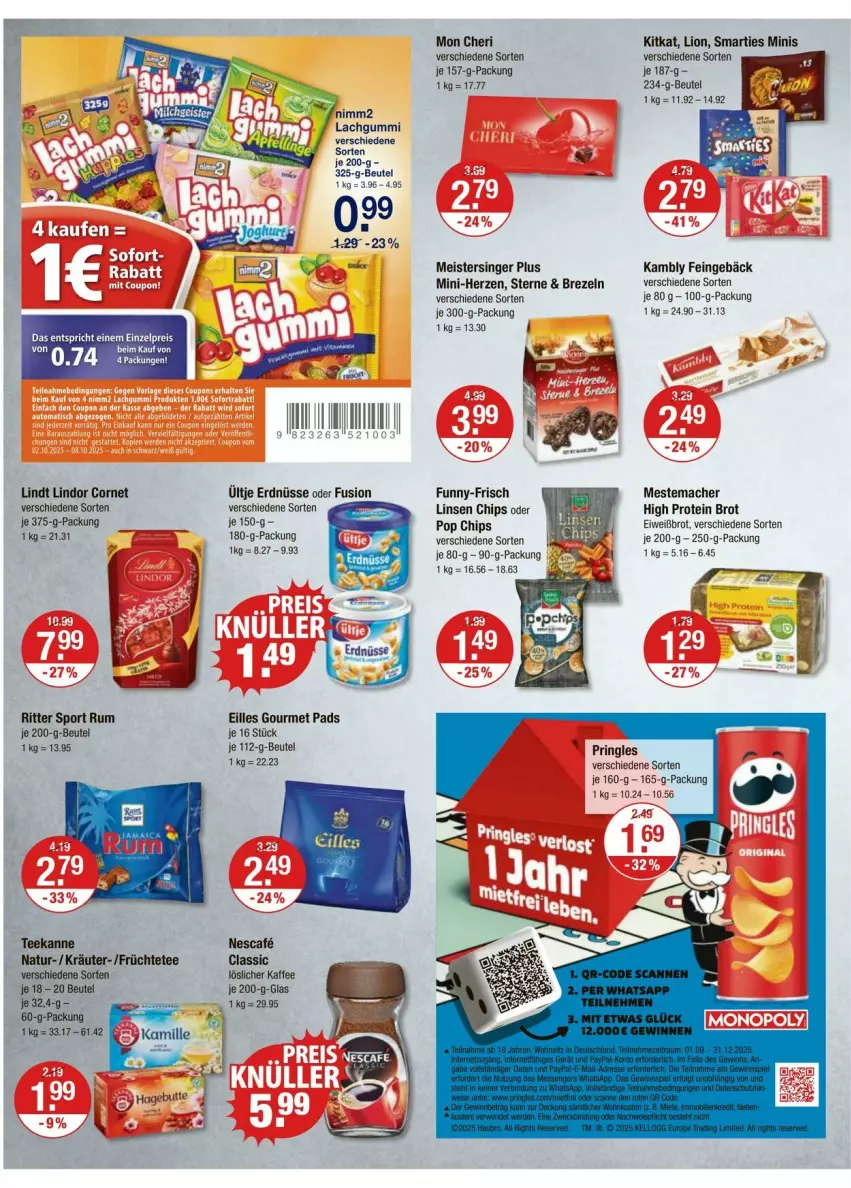 Aktueller Prospekt Vmarkt - Prospekte - von 02.10 bis 08.10.2025 - strona 8 - produkty: beutel, brezel, Brezeln, brot, chips, eilles gourmet, eis, Eiweißbrot, erdnüsse, früchte, Früchtetee, funny-frisch, kaffee, Kamill, kamille, kitkat, kräuter, lachgummi, lindor, lindt, linsen, lion, löslicher kaffee, mac, Meister, mestemacher, natur, nescafe, nimm2, pringles, reis, ring, ritter, ritter sport, rum, smarties, Sport, tee, teekanne, Ti, ültje, ültje erdnüsse