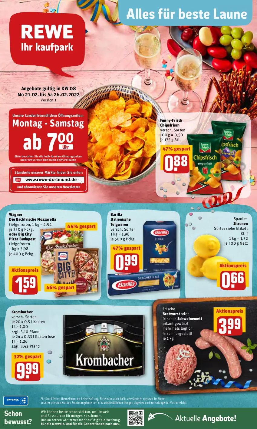 Aktueller Prospekt Rewe - REWE Ihr Kaufpark - von 21.02 bis 26.02.2022 - strona 1 - produkty: aktionspreis, angebot, angebote, barilla, bratwurst, chips, chipsfrisch, eis, elle, funny-frisch, gewürz, Heu, krombache, krombacher, Mett, mozzarella, pizza, reis, rel, rum, schwein, schweine, schweinemett, teigwaren, Ti, uhr, wagner, wein, weine, wurst, zitrone, zitronen