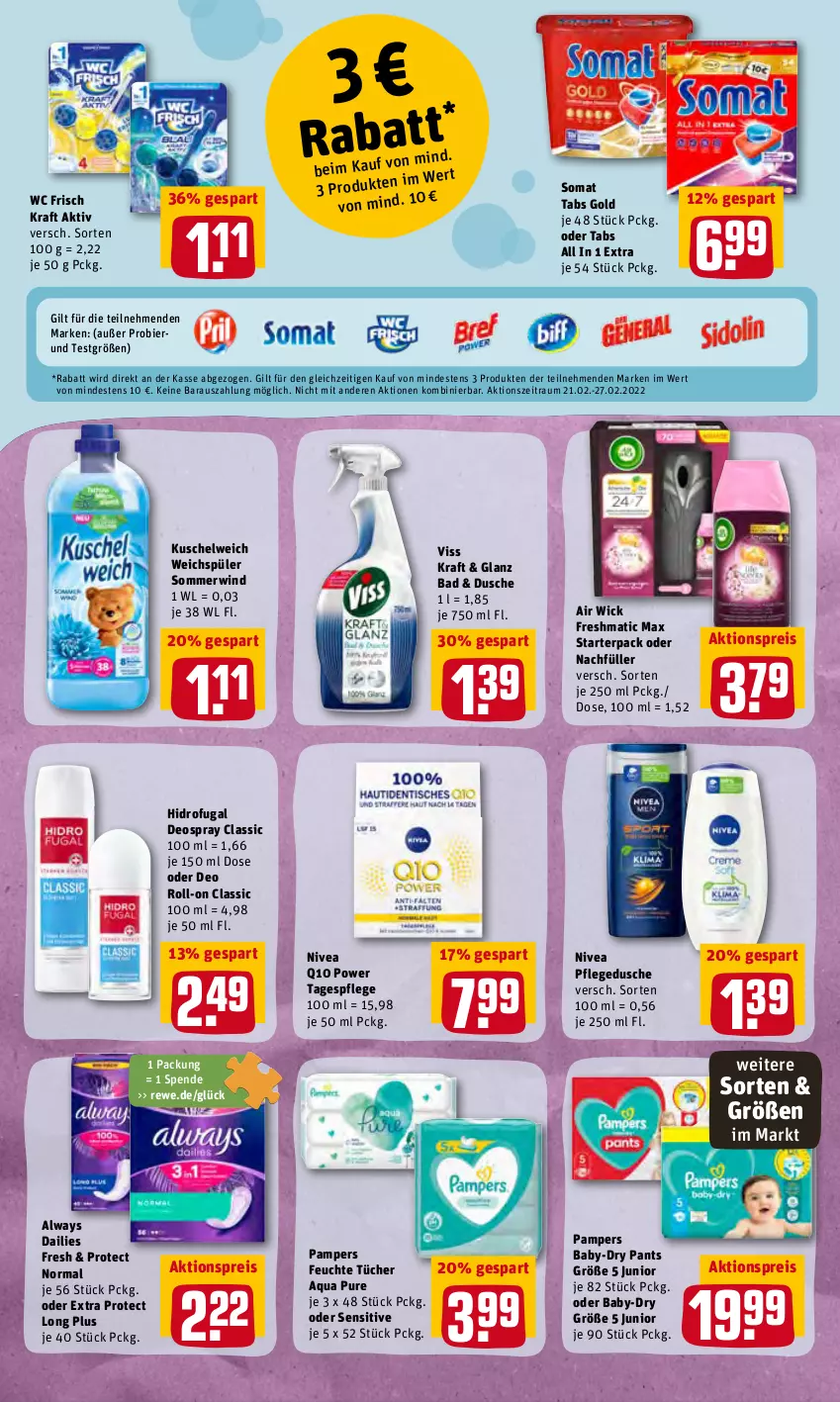 Aktueller Prospekt Rewe - REWE Ihr Kaufpark - von 21.02 bis 26.02.2022 - strona 18 - produkty: Air Wick, aktionspreis, Alwa, Always, aqua, baby-dry, Bad, bier, dailies, deo, deo roll-on, deospray, dusche, eis, feuchte tücher, kraft, Kuschelweich, nivea, oder deo roll-on, pampers, Pants, pflegedusche, Q10, reis, roll-on, somat, Tagespflege, Ti, tücher, wc frisch, WC Frisch Kraft Aktiv, weichspüler, WICK