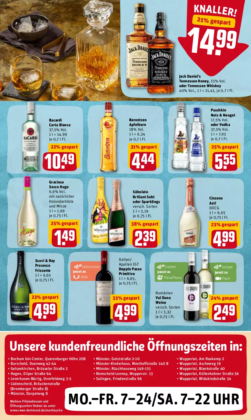 Aktueller Prospekt Rewe - REWE Ihr Kaufpark - von 21.02 bis 26.02.2022 - strona 21 - produkty: apfel, asti, bacardi, berentzen, Berger, Blüte, brillant sekt, burger, cin, cinzano, Cinzano Asti, doppio passo, ecco, eis, ente, fisch, frizzante, gracioso, holunder, holunderblüte, hugo, jack daniel, Jack Daniel’s, Kinder, korn, minze, passo, pasta, pizza, primitivo, prosecco, rum, sekt, söhnlein, söhnlein brillant, tennessee whiskey, Ti, uhr, vodka, wein, weine, whiskey, Wild