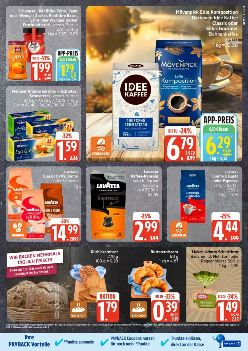 Aktueller Prospekt Edeka - Prospekte - von 10.11 bis 15.11.2025 - strona 20 - produkty: auer, Bau, Bauer, brot, coupon, coupons, eis, espresso, kaffee, korn, Kürbis, lavazza, lieken, mac, mövenpick, oder espresso, payback, reis, Schnittbrot, Ti, tisch, urkorn, ZTE
