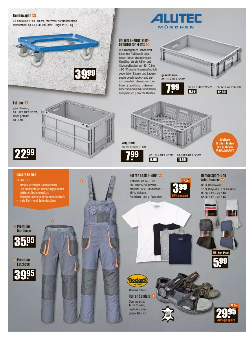 Aktueller Prospekt Vmarkt - V-Baumarkt - von 19.05 bis 25.05.2022 - strona 10 - produkty: aufbewahrungsbox, Bau, baumwolle, Behälter, hose, Latzhose, lebensmittel, mac, Palette, Ria, sandale, shirt, Sport, T-Shirt, Tasche, taschen, Ti, wolle