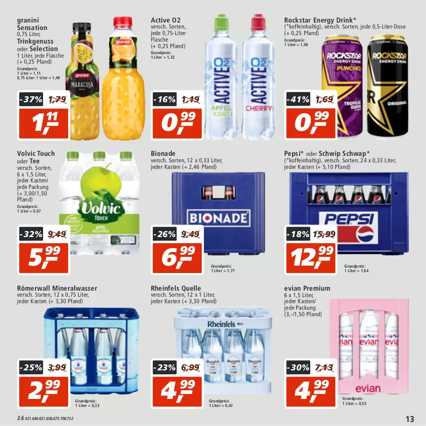 Aktueller Prospekt Real - von 25.07 bis 30.07.2022 - strona 13 - produkty: Alwa, bio, bionade, drink, eis, elle, energy drink, flasche, granini, mineralwasser, nuss, pepsi, reis, rheinfels quelle, Rockstar, Schwip Schwap, tee, Ti, volvic, wasser