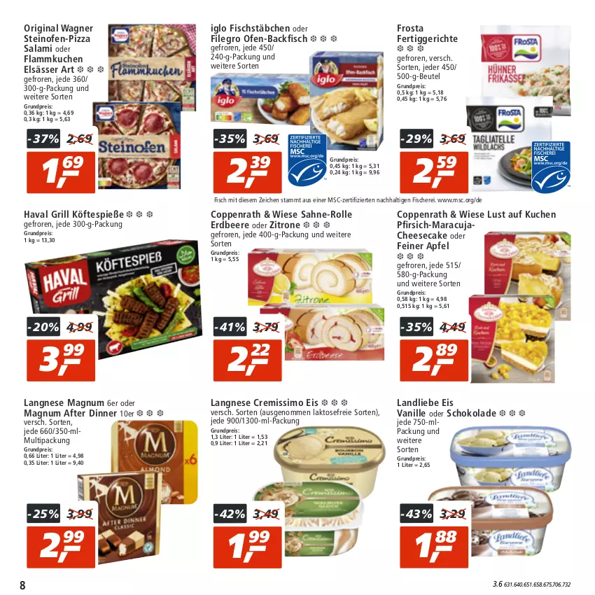 Aktueller Prospekt Real - von 25.07 bis 30.07.2022 - strona 8 - produkty: apfel, backfisch, beere, beutel, cheesecake, coppenrath, cremissimo, eis, elsässer art, erdbeere, fertiggericht, fertiggerichte, filegro, fisch, fische, Fischer, fischstäbchen, flammkuchen, frosta, gin, grill, iglo, kuchen, lamm, landliebe, langnese, langnese cremissimo, Lust auf Kuchen, magnum, maracuja, Ofen, ofen-backfisch, original wagner, pfirsich, pizza, reis, sahne, salami, Schere, schoko, schokolade, sim, steinofen, Ti, vanille, wagner, zitrone