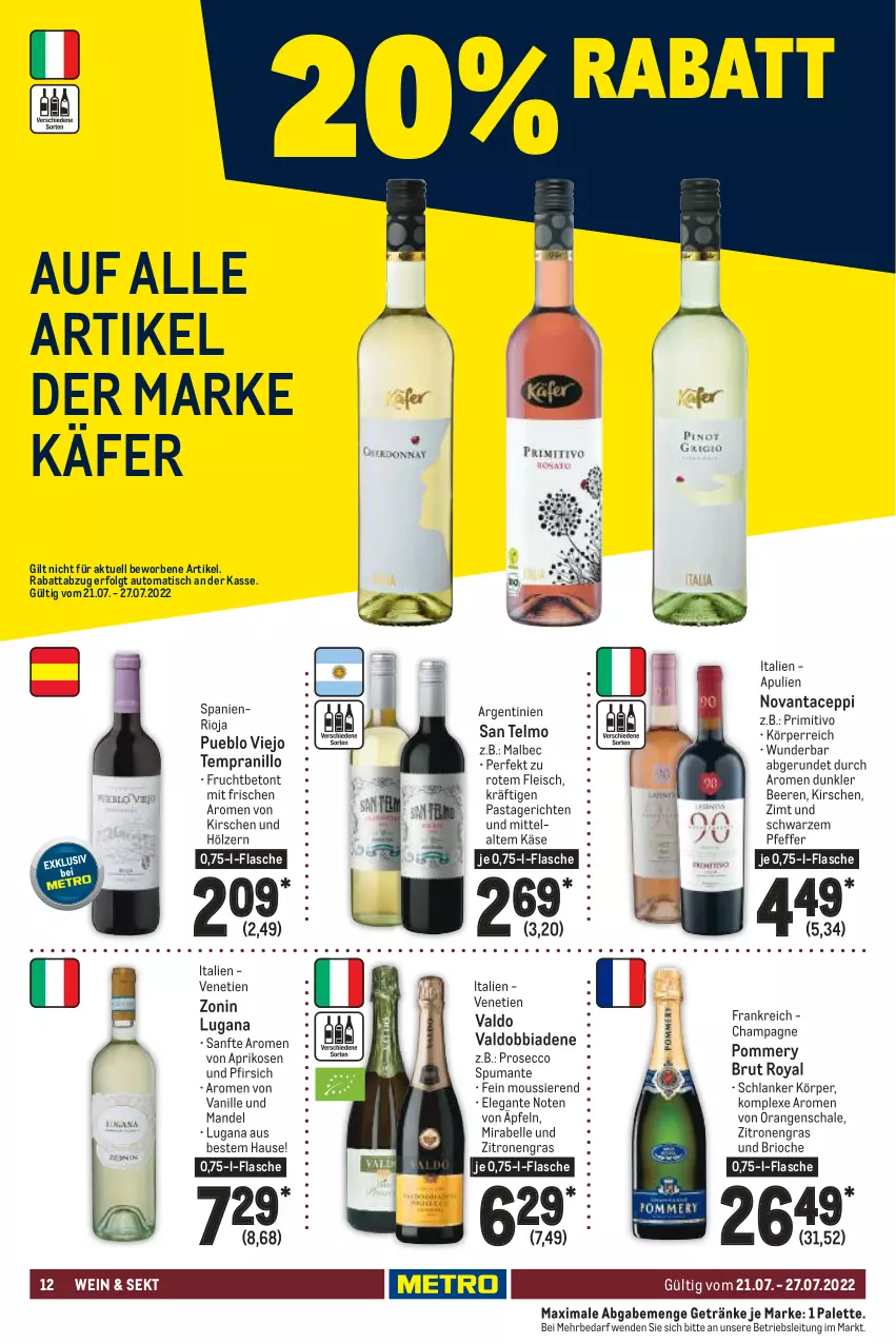 Aktueller Prospekt Metro - Food - von 21.07 bis 27.07.2022 - strona 12 - produkty: aprikose, aprikosen, auto, beere, beeren, brut, champagne, ecco, eis, elle, flasche, fleisch, frucht, getränk, getränke, käfer, Käse, kirsch, kirsche, kirschen, LG, mandel, orange, orangen, Palette, pasta, Pastagericht, pfeffer, pfirsich, primitivo, prosecco, puma, rioja, Schal, Schale, sekt, spumante, tempranillo, Ti, tisch, valdo, vanille, wein, zitrone, zitronen, zonin