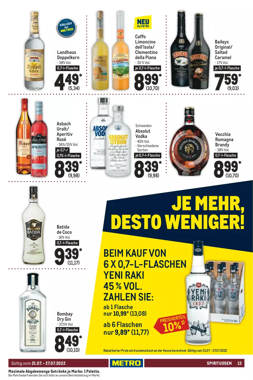 Aktueller Prospekt Metro - Food - von 21.07 bis 27.07.2022 - strona 13 - produkty: Absolut Vodka, asbach uralt, auto, baileys, batida, caramel, chia, cin, dell, doppelkorn, dry gin, eis, flasche, getränk, getränke, gin, korn, limo, Palette, reis, spirituosen, Ti, tisch, Vecchia Romagna, vodka, yeni raki