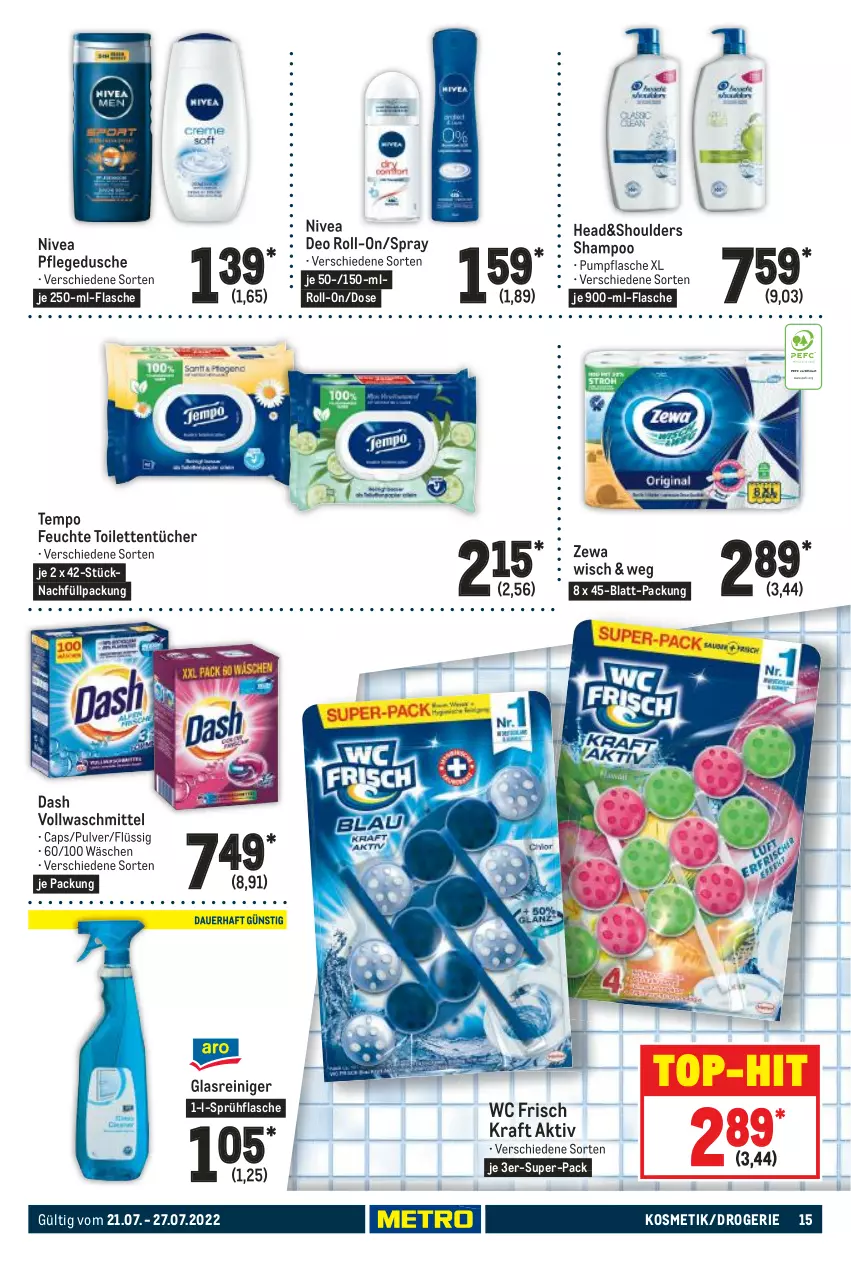 Aktueller Prospekt Metro - Food - von 21.07 bis 27.07.2022 - strona 15 - produkty: Cap, deo, deo roll-on, dusche, flasche, Glasreiniger, kosmetik, kraft, nivea, pflegedusche, reiniger, roll-on, shampoo, sprühflasche, Tempo, Ti, toilettentücher, top-hit, tücher, vollwaschmittel, waschmittel, wc frisch, WC Frisch Kraft Aktiv, zewa