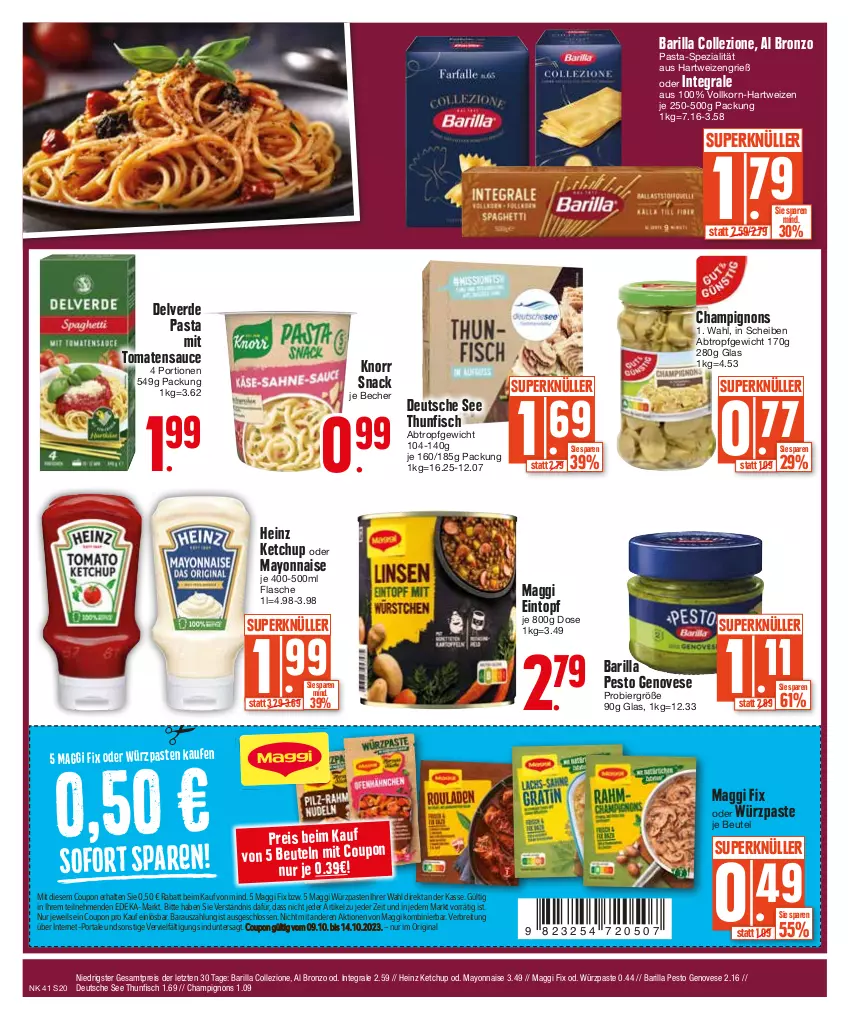 Aktueller Prospekt Edeka - Angebote der Woche - von 09.10 bis 14.10.2023 - strona 20 - produkty: barilla, Becher, beutel, bier, Brei, champignon, champignons, coupon, deka, eintopf, eis, erde, fisch, flasche, genovese, gin, hartweizen, heinz, ketchup, knorr, korn, maggi, maggi fix, mayonnaise, pasta, pesto, reis, sauce, snack, Spezi, thunfisch, Ti, tomate, tomaten, tomatensauce, topf, Yo, ZTE