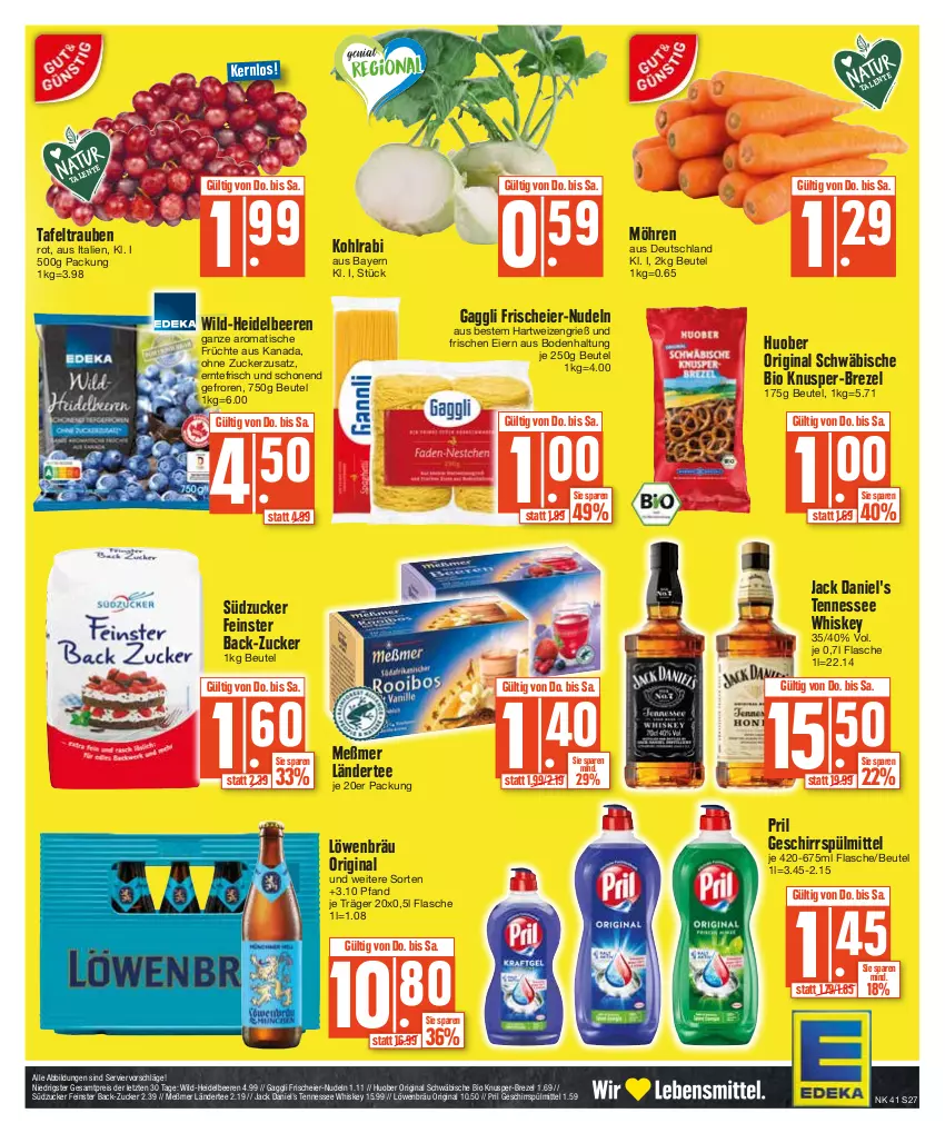 Aktueller Prospekt Edeka - Angebote der Woche - von 09.10 bis 14.10.2023 - strona 27 - produkty: beere, beeren, beutel, bio, brezel, eier, eis, flasche, früchte, gaggli, geschirr, geschirrspülmittel, gin, hartweizen, heidelbeere, heidelbeeren, huober, jack daniel, jack daniel's, Jack Daniel’s, kohlrabi, Ländertee, Meßmer, möhren, nudel, nudeln, pril, reis, spülmittel, südzucker, tafeltrauben, tee, tennessee whiskey, Ti, tisch, trauben, whiskey, Wild, ZTE, zucker