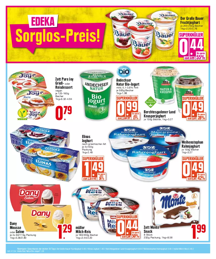 Aktueller Prospekt Edeka - Angebote der Woche - von 09.10 bis 14.10.2023 - strona 4 - produkty: andechser natur, auer, Bau, Bauer, Becher, bio, Dany, dessert, eis, elinas, elinas joghurt, frucht, fruchtjoghurt, joghur, joghurt, joghurt nach, jogurt, milch, monte, mousse, Müller, natur, rahmjoghurt, reis, sahne, snack, weihenstephan, zott, Zott Monte, ZTE