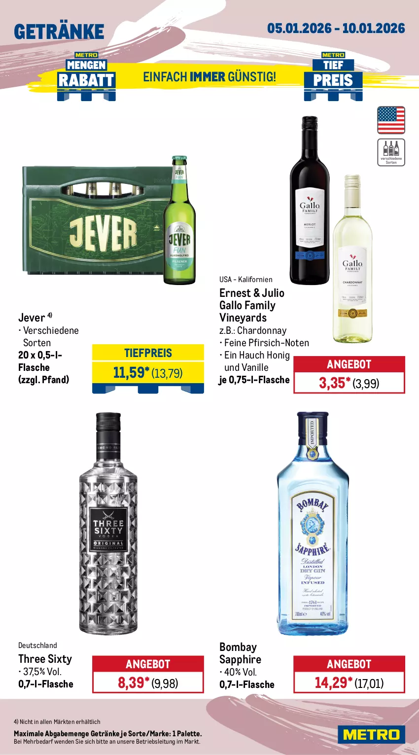 Aktueller Prospekt Metro - Wochen-Angebote Gastro - von 05.01 bis 10.01.2026 - strona 16 - produkty: akku, angebot, Behälter, bombay sapphire, chardonnay, eis, elle, flasche, gallo, gallo family, getränk, getränke, honig, jever, Metro, metro gastro, Palette, papier, persil, pfirsich, reis, sapphire, spee, teller, Three Sixty, Ti, tiefpreis, toilettenpapier, Trockensauger, vanille, vollwaschmittel, waschmittel, zewa
