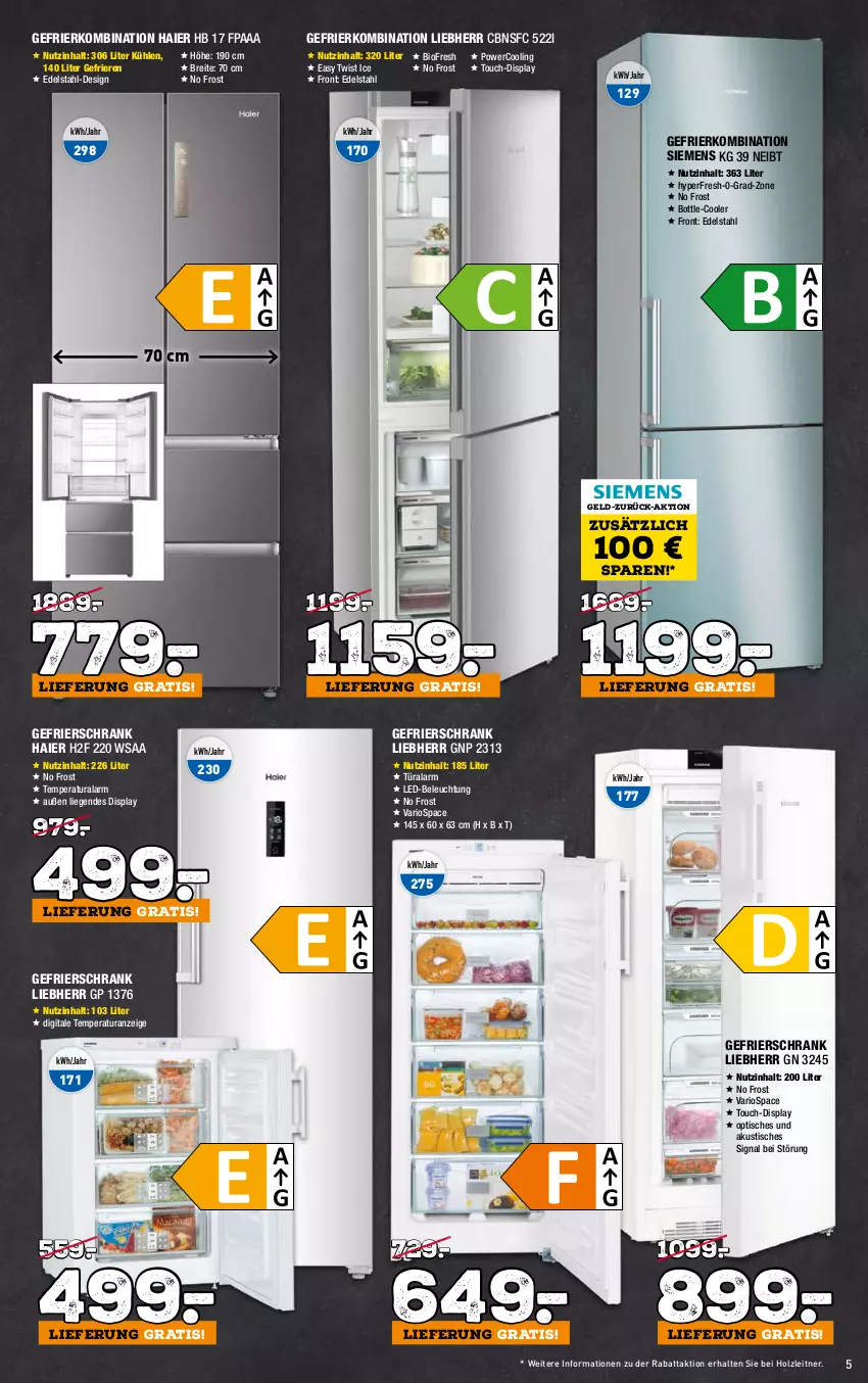 Aktueller Prospekt Holzleitner - von 01.10 bis 30.10.2022 - strona 5 - produkty: beleuchtung, bio, Brei, edelstahl, gefrierkombination, gefrierschrank, Haier, Holz, led-beleuchtung, liebherr, Liege, nation siemens, Schrank, siemens, Signal, Ti, tisch