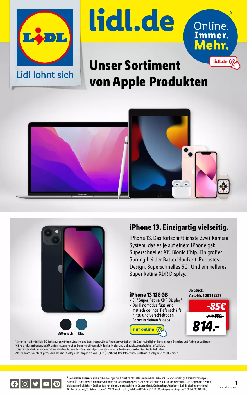 Aktueller Prospekt Lidl - Unser Apple Online-Sortiment - von 13.03 bis 26.03.2022 - strona 1 - produkty: angebot, angebote, Apple, auto, batterie, bio, deo, eis, elle, iphone, IPhone 13, kamera, Kameras, leine, LG, ndk, reis, rel, ring, Schal, Schale, telefon, Ti, tisch, uhr