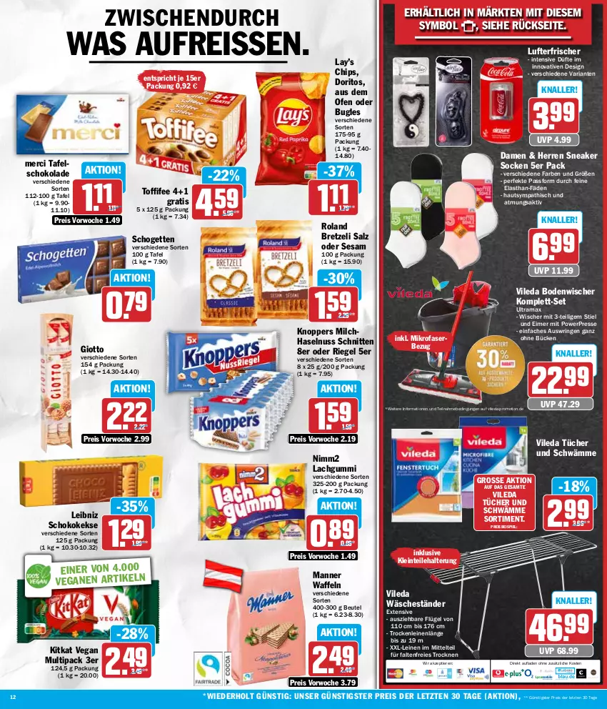 Aktueller Prospekt Hit - Wochenprospekt - von 29.04 bis 04.05.2024 - strona 12 - produkty: beutel, bodenwischer, bugles, chips, Doritos, eimer, eis, giotto, haselnuss, keks, kekse, kitkat, knoppers, lachgummi, leibniz, leine, lufterfrischer, Manner, merci, mikrofaser, milch, nimm2, nuss, Ofen, rama, reis, reiss, Ria, riegel, ring, salz, schnitten, schogetten, schoko, schokolade, sesam, sneaker, sneaker socken, socken, tafelschokolade, Ti, Tiere, toffifee, tücher, vileda, waffeln, ZTE