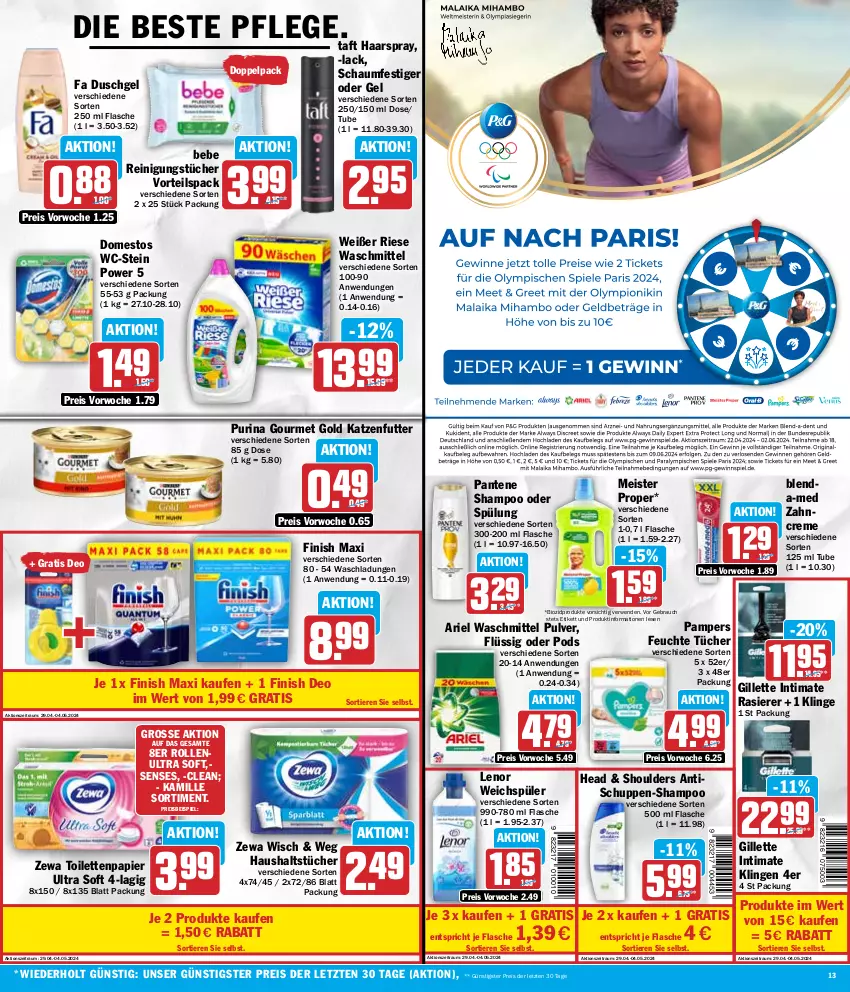 Aktueller Prospekt Hit - Wochenprospekt - von 29.04 bis 04.05.2024 - strona 13 - produkty: ariel, ariel waschmittel, Bebe, bio, biozidprodukte, creme, deo, domestos, duschgel, eis, fa duschgel, feuchte tücher, Finish, flasche, gillette, gourmet gold, haarspray, haushaltstücher, Kamill, kamille, katzenfutter, lack, lenor, lenor weichspüler, Meister, meister proper, pampers, pantene, papier, Pods, purina, rasierer, Rauch, Reinigung, reinigungstücher, reis, rwe, schaumfestiger, shampoo, shampoo oder spülung, spülung, Taft, Ti, Tiere, tisch, toilettenpapier, tücher, waschmittel, weichspüler, zahncreme, zewa, ZTE