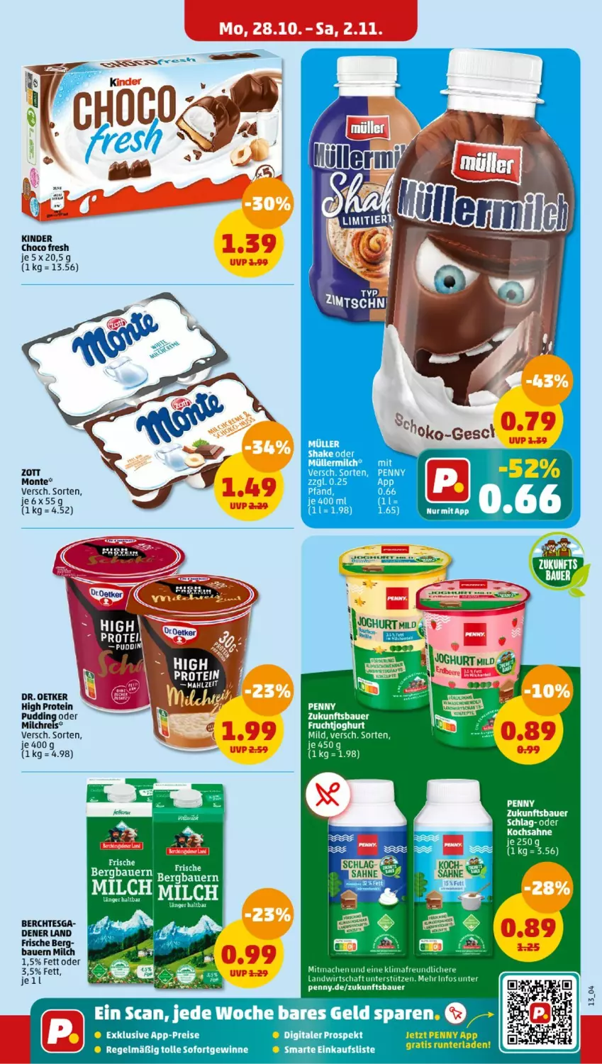 Aktueller Prospekt Penny - Prospekte - von 28.10 bis 02.11.2024 - strona 13 - produkty: auer, Bau, Bauer, choco fresh, Dr. Oetker, eis, frucht, fruchtjoghurt, joghur, joghurt, Kinder, Kinder Choco fresh, mac, milch, milchreis, monte, pudding, reis, sahne, shake, Ti, zott