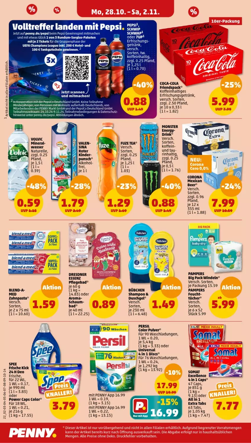 Aktueller Prospekt Penny - Prospekte - von 28.10 bis 02.11.2024 - strona 22 - produkty: Bad, bübchen, Cap, champion, coca-cola, cola, corona, deo, drink, duschgel, eis, elle, erfrischungsgetränk, getränk, gewinnspiel, Hela, Kinder, mac, monster, Monster Energy, natur, pampers, pepsi, persil, rel, Schwip Schwap, shampoo, somat, spee, Ti, tücher, volvic, wasser, windeln