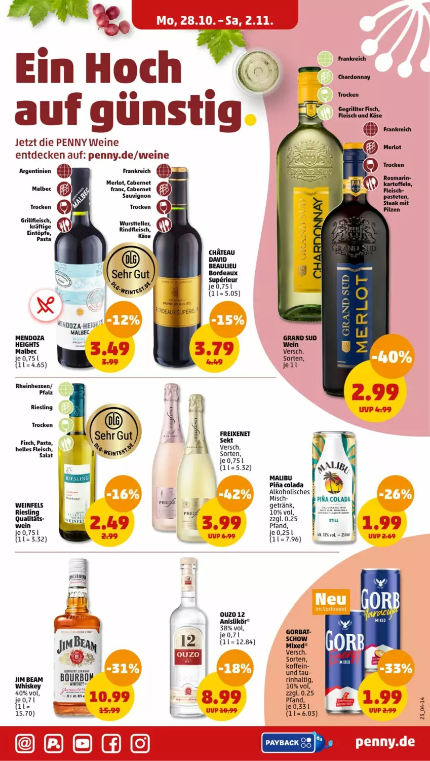 Aktueller Prospekt Penny - Prospekte - von 28.10 bis 02.11.2024 - strona 23 - produkty: bourbon, cabernet, cabernet sauvignon, cola, decke, eis, elle, fisch, fleisch, freixenet, getränk, grill, Käse, merl, merlot, pasta, riesling, rind, rindfleisch, sauvignon, teller, Ti, wein, weine, whiskey, wurst