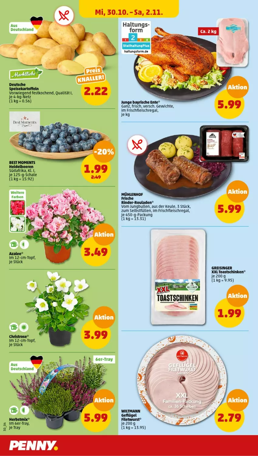 Aktueller Prospekt Penny - Prospekte - von 28.10 bis 02.11.2024 - strona 30 - produkty: beere, beeren, eis, fleisch, heidelbeere, heidelbeeren, jungbullen, kartoffel, kartoffeln, regal, reis, rind, rinder, rinder-rouladen, rouladen, Schal, Schale, schinken, speisekartoffeln, toast, Toastschinken, topf, wiltmann