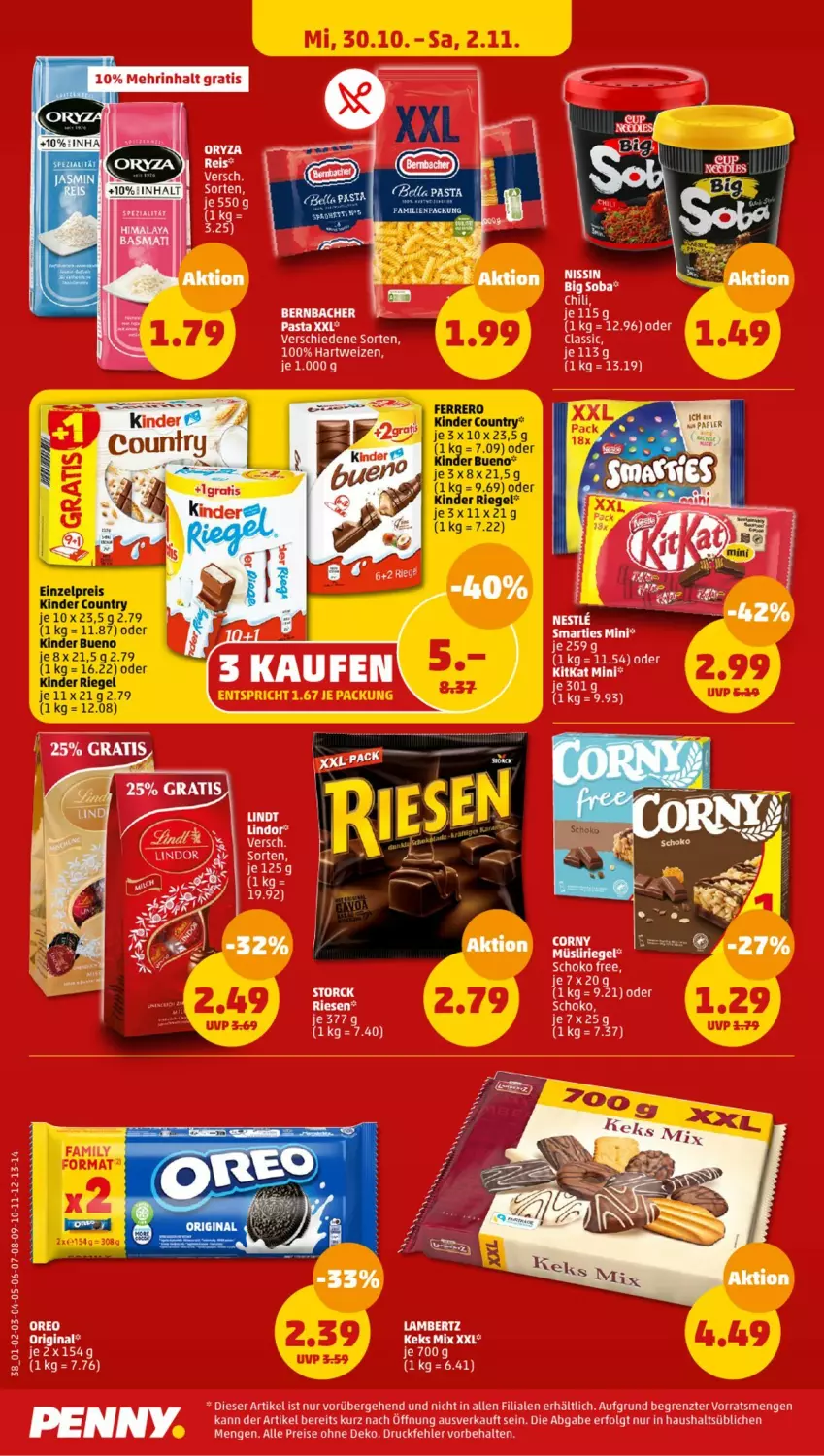 Aktueller Prospekt Penny - Prospekte - von 28.10 bis 02.11.2024 - strona 40 - produkty: Amber, bernbacher, eis, ferrero, hartweizen, Kinder, kinder bueno, kinder country, kinder riegel, lambertz, LG, lindt, müsli, Müsliriegel, pasta, reis, riegel, schoko, storck, tee, Ti, ZTE