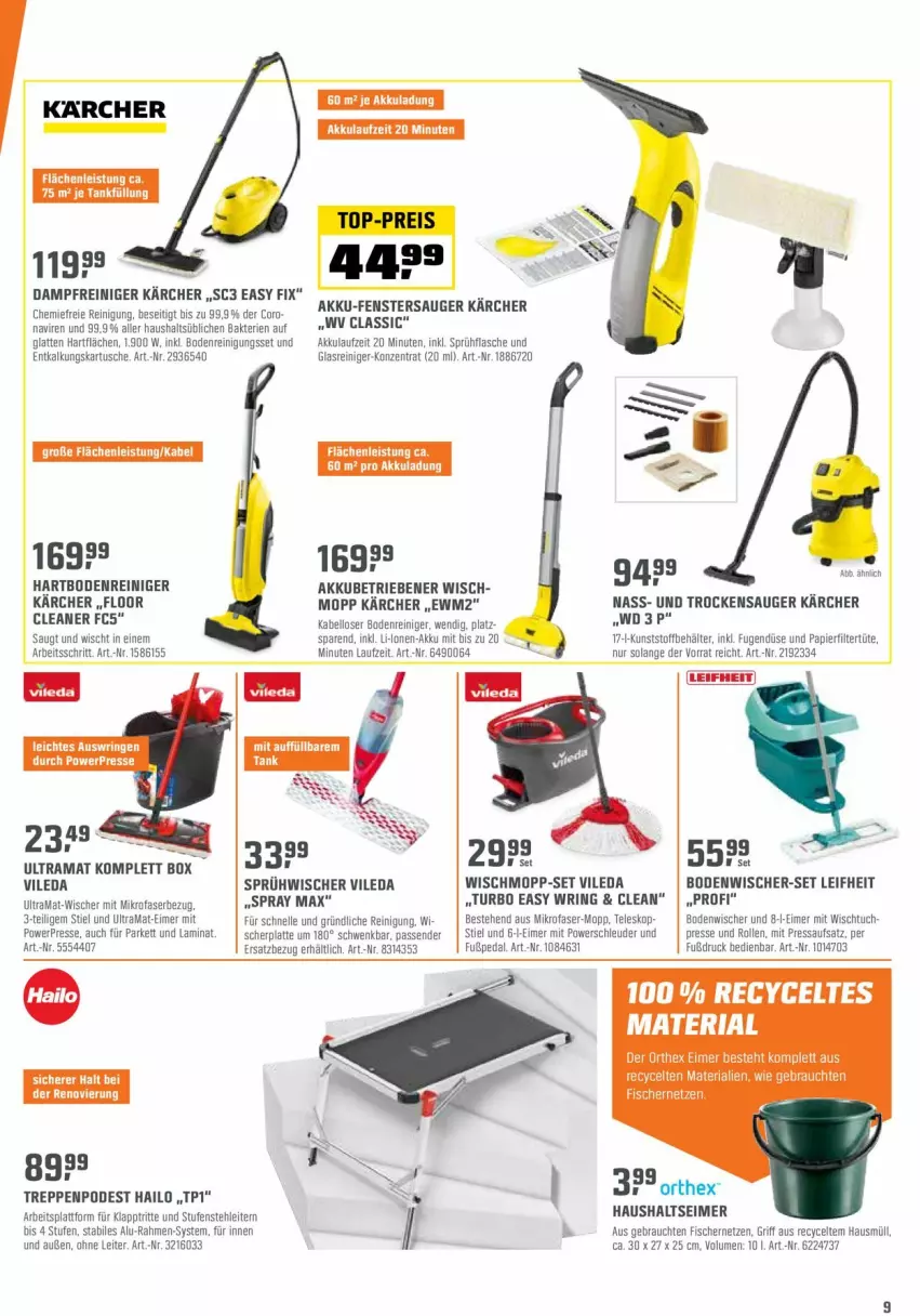 Aktueller Prospekt Obi - Prospekte - von 04.01 bis 15.01.2022 - strona 9 - produkty: akku, Behälter, bodenwischer, dampfreiniger, eimer, eis, elle, fenster, fenstersauger, fisch, fische, Fischer, flasche, Glasreiniger, Hartbodenreiniger, Kärcher, karcher, klapptritt, laminat, latte, leifheit, mikrofaser, papier, rama, Rauch, reiniger, Reinigung, ring, sprühflasche, Teleskop, Ti, Treppenpodest, Trockensauger, tuc, Tüte, vileda, Wischmopp