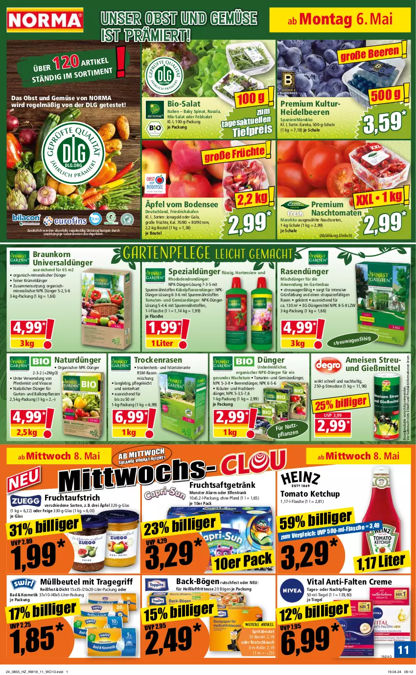 Aktueller Prospekt Norma - Norma - von 06.05 bis 13.05.2024 - strona 11 - produkty: aufstrich, Bad, balkonpflanzen, Bau, beere, beeren, beutel, bio, biozidprodukte, braun, cola, creme, dünger, eis, erde, feldsalat, flasche, fritteuse, frucht, fruchtaufstrich, früchte, fruchtsaft, fruchtsaftgetränk, Garten, Gemüsedünger, getränk, Heißluftfritteuse, hortensie, hortensien, ketchup, korn, kosmetik, kräuter, kübelpflanzen, LG, mac, monster, müllbeutel, nachtpflege, natur, obst, Obst und Gemüse, pflanze, pflanzen, rasen, rasendünger, Rauch, reis, rucola, rwe, saft, salat, Schal, Schale, schlauch, Spezi, spinat, Ti, tiefpreis, tomate, tomaten, tomato ketchup, tragegriff, und gemüse, vita