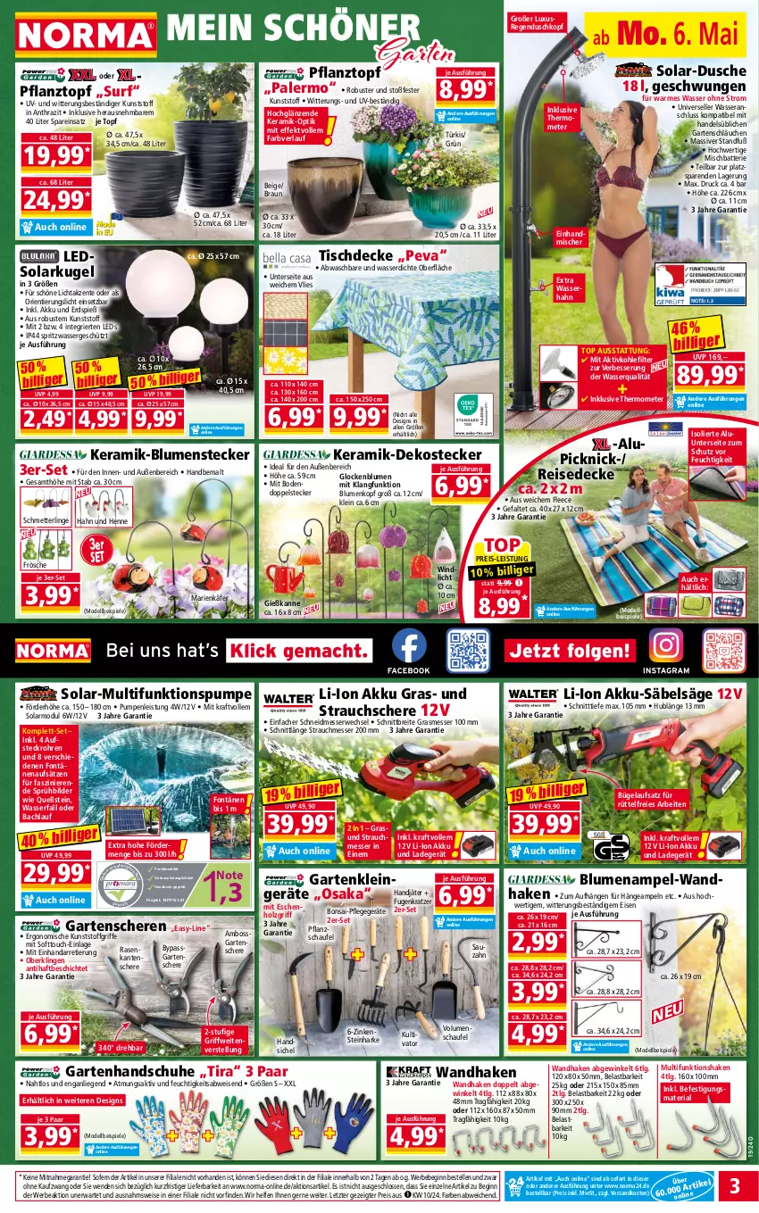 Aktueller Prospekt Norma - Norma - von 06.05 bis 13.05.2024 - strona 3 - produkty: akku, Akku-Säbelsäge, batterie, Bebe, blume, blumen, Blumenampel, boss, braun, Brei, buch, bügel, decke, dell, dusche, eis, elle, ente, Garten, Gartenschere, Gießkanne, gin, handschuhe, Hängeampel, Holz, käfer, kraft, Kugel, ladegerät, leds, LG, Liege, messer, Mett, Mischbatterie, Mode, ndk, Pflanztopf, rasen, Rauch, reis, Ria, rwe, Säbelsäge, säge, Schere, schläuche, Schmetterling, schuhe, shake, Spiele, Strauchschere, Surf, thermometer, Ti, tisch, tischdecke, topf, wasser, windlicht, ZTE