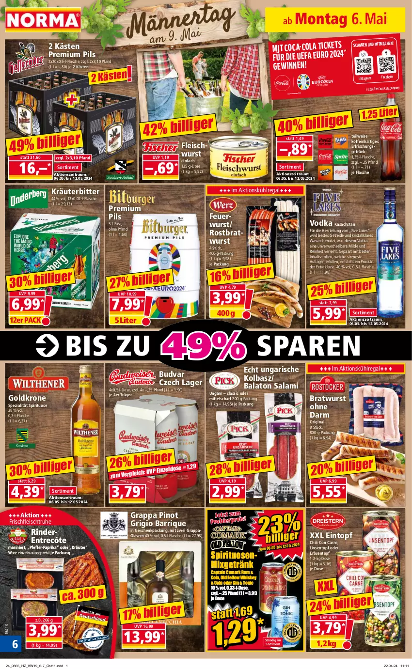 Aktueller Prospekt Norma - Norma - von 06.05 bis 13.05.2024 - strona 6 - produkty: Balaton, bier, bratwurst, Cap, chili, coca-cola, cola, eintopf, eis, erbsen, erfrischungsgetränk, flasche, fleisch, fleischwurst, geschenkpackung, getränk, gin, Gläser, goldkrone, grappa, kräuter, krone, kühlregal, linsen, mac, Mixgetränk, paprika, pfeffer, pils, Pinot, pinot grigio, premium pils, regal, reis, rind, rinder, rostbratwurst, rum, rwe, sac, salami, Spezi, spirituosen, Ti, tonic, topf, vodka, wasser, whiskey, wurst