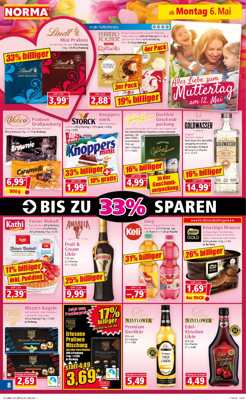 Aktueller Prospekt Norma - Norma - von 06.05 bis 13.05.2024 - strona 8 - produkty: after eight, alkohol, Becher, beere, bier, brownie, Cap, cappuccino, caramel, cheesecake, cin, eier, eierlikör, eis, flasche, geschenkpackung, gin, haselnuss, Heu, himbeer, himbeere, kirsch, kirsche, kirschen, Knackige Mousse, knoppers, Kugel, kühlregal, likör, liqueur, mac, mango, marzipan, milch, mini pralinés, mousse, nuss, ohne alkohol, pfirsich, pralinen, pudding, raffaello, regal, reis, schoko, schokolade, schokoladen, Spezi, Ti, torte, vanille, vollmilch, zitrone