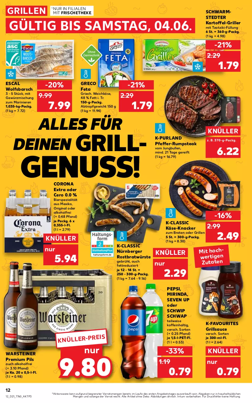 Aktueller Prospekt Kaufland - von 27.05 bis 01.06.2022 - strona 12 - produkty: alkohol, angebot, Berger, bier, braten, corona, corona extra, eis, escal, feta, gewürz, Gewürzmischung, gin, grill, grillsauce, jungbullen, kartoffel, Käse, knacker, Mirinda, nürnberger, nuss, pepsi, pfeffer, pils, premium pils, purland, rind, rum, rumpsteak, sauce, schwarmstedter, Schwip Schwap, Spezi, steak, steiner, Ti, tzatziki, warsteiner, weichkäse, wolfsbarsch, ZTE