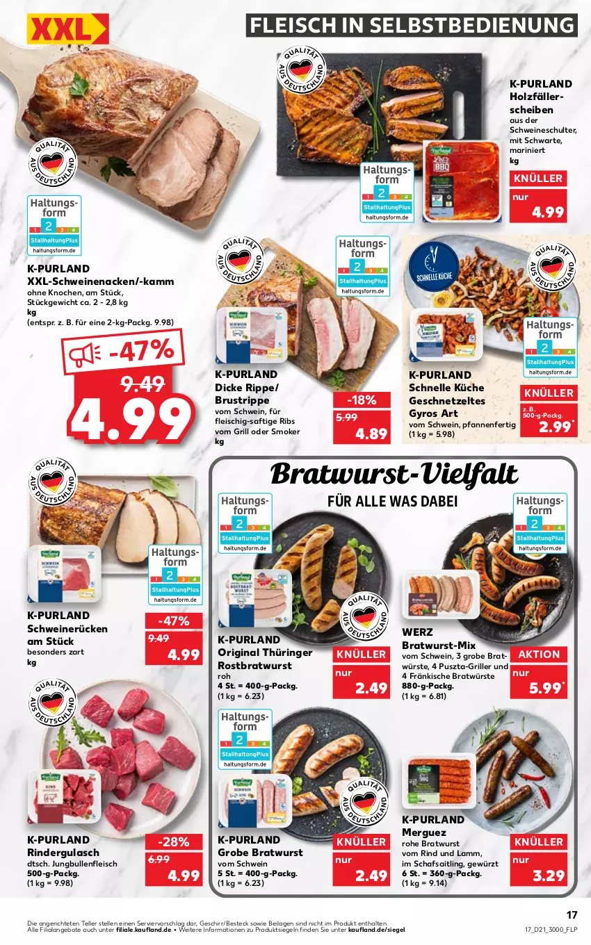 Aktueller Prospekt Kaufland - von 27.05 bis 01.06.2022 - strona 17 - produkty: angebot, angebote, besteck, bratwurst, eis, elle, fleisch, fleisch in selbstbedienung, geschirr, geschnetzeltes, gewürz, gin, grill, grobe bratwurst, gulasch, gyros, Holz, ilag, jungbullen, küche, lamm, original thüringer, pfanne, pfannen, purland, rind, rinder, rindergulasch, ring, rostbratwurst, saft, schwein, schweine, schweinenacken, schweinerücken, teller, thüringer rostbratwurst, Ti, wein, weine, wurst, Zelt