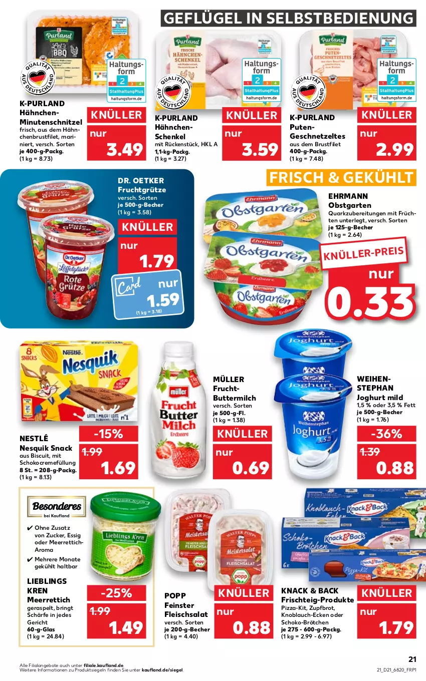 Aktueller Prospekt Kaufland - von 27.05 bis 01.06.2022 - strona 21 - produkty: angebot, angebote, Becher, brot, brötchen, brustfilet, butter, buttermilch, creme, Dr. Oetker, ehrmann, eis, essig, filet, fleisch, fleischsalat, frucht, früchte, früchten, fruchtgrütze, Garten, Geflügel, geschnetzeltes, grütze, hähnchenbrust, hähnchenbrustfilet, hähnchenschenkel, henkel, joghur, joghurt, joghurt mild, knoblauch, meerrettich, milch, minutenschnitzel, Müller, nesquik, nestlé, obst, obstgarten, pizza, Popp, purland, pute, Putengeschnetzeltes, quark, Rettich, ring, salat, schenkel, schnitzel, schoko, snack, Ti, weihenstephan, Zelt, zucker