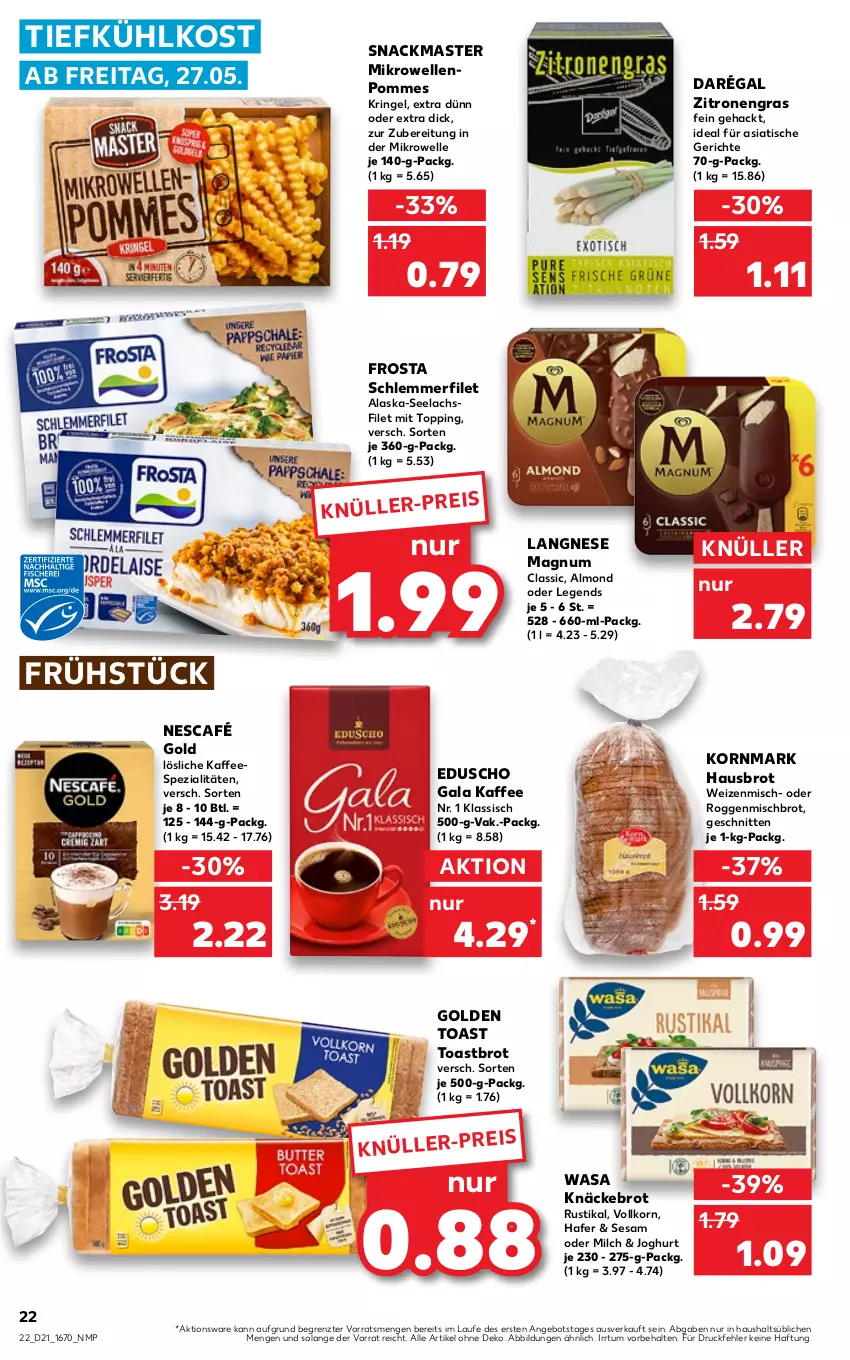 Aktueller Prospekt Kaufland - von 27.05 bis 01.06.2022 - strona 22 - produkty: Alaska-Seelachs, Alaska-Seelachsfilet, angebot, brot, eduscho, eis, elle, filet, frosta, golden toast, hafer, joghur, joghurt, kaffee, kaffeespezialitäten, knäckebrot, korn, lachs, lachsfilet, langnese, magnum, mikrowelle, milch, Nescafé, nescafé gold, pommes, ring, schlemmerfilet, schnitten, seelachsfilet, sesam, snack, Spezi, Ti, tiefkühlkost, tisch, toast, Toastbrot, usb, wasa, zitrone, zitronen, ZTE