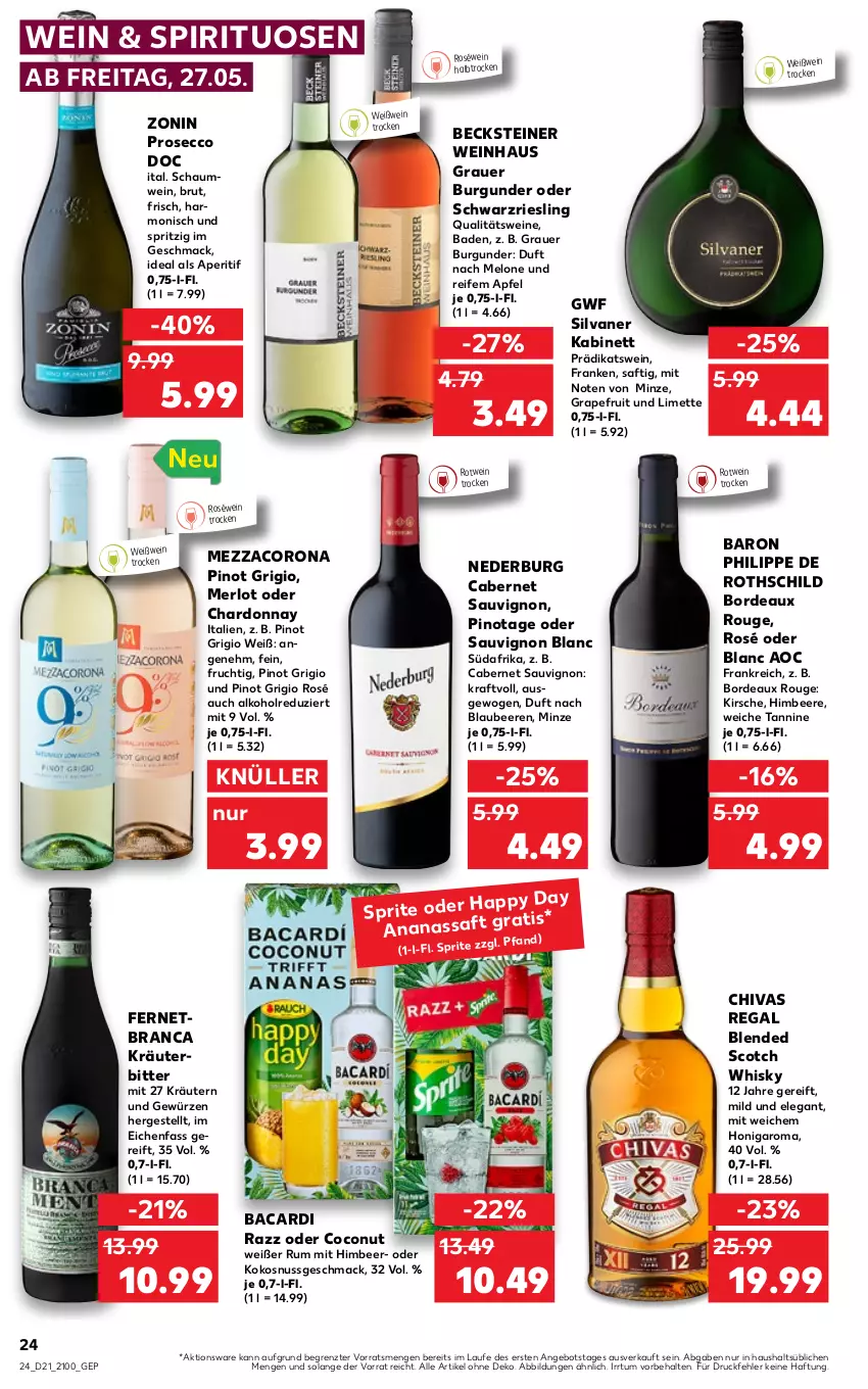 Aktueller Prospekt Kaufland - von 27.05 bis 01.06.2022 - strona 24 - produkty: alkohol, ananas, angebot, aperitif, apfel, auer, bacardi, Bad, becks, becksteiner, beere, beeren, Blaubeer, blaubeere, blended scotch, blended scotch whisky, brut, burgunder, cabernet, cabernet sauvignon, chardonnay, coconut, corona, ecco, Fernet, frucht, gewürz, grauer burgunder, himbeer, himbeere, honig, kabinett, kirsch, kirsche, kokos, kraft, kräuter, kräutern, limette, mac, melone, merl, merlot, Mett, mezzacorona, minze, nederburg, nuss, Pinot, pinot grigio, prosecco, qualitätswein, qualitätsweine, regal, riesling, roséwein, rotwein, rouge, rum, saft, sauvignon, sauvignon blanc, schwarzriesling, scotch, scotch whisky, silvaner, spirituosen, sprite, steiner, Ti, wein, weine, Weißwein, whisky, zonin, ZTE