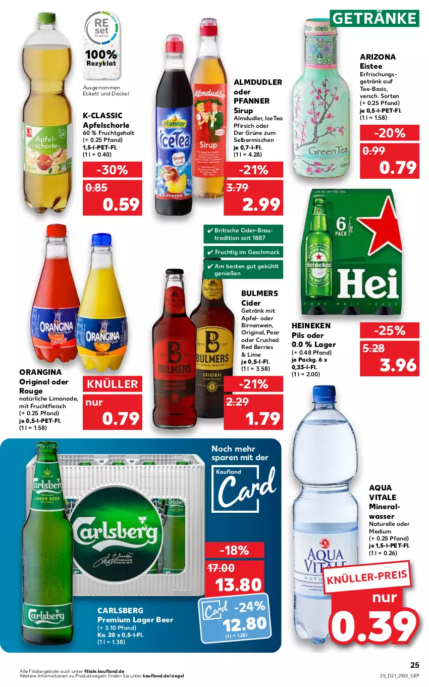 Aktueller Prospekt Kaufland - von 27.05 bis 01.06.2022 - strona 25 - produkty: almdudler, angebot, angebote, apfel, Apfelschorle, aqua, Birnen, carlsberg, cider, decke, Deckel, eis, eistee, elle, fleisch, frucht, fruchtfleisch, getränk, getränke, gin, heineken, limo, limonade, mac, mit frucht, natur, orangina, pfanne, Pfanner, pfirsich, pils, rel, rouge, schorle, sirup, tee, Ti, tisch, vita, wasser, wein