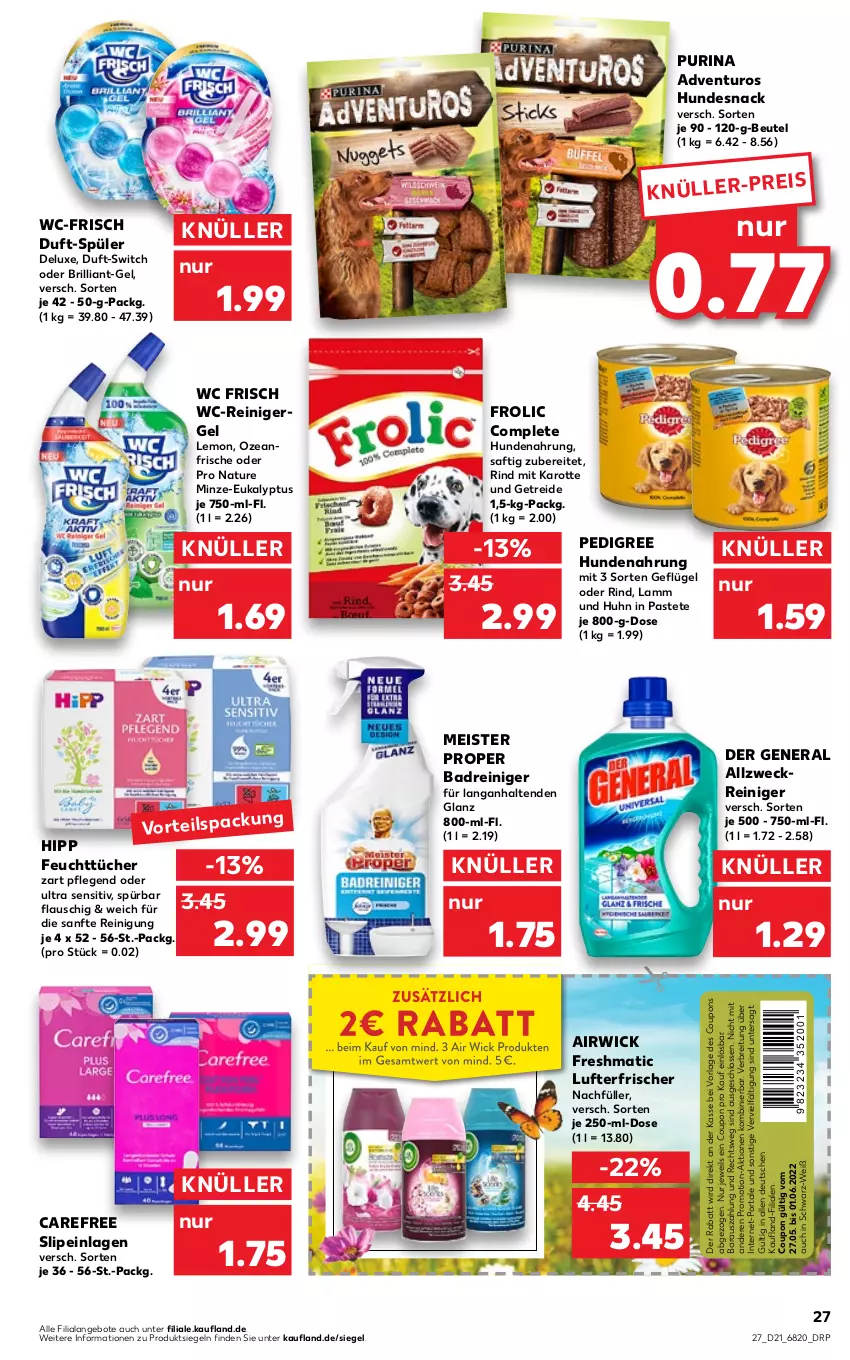 Aktueller Prospekt Kaufland - von 27.05 bis 01.06.2022 - strona 27 - produkty: adventuros, Air Wick, airwick, allzweckreiniger, angebot, angebote, Bad, beutel, Brei, carefree, coupon, coupons, eis, feuchttücher, frolic, Geflügel, hipp, hundenahrung, hundesnack, lamm, lufterfrischer, Meister, meister proper, minze, natur, pastete, pedigree, purina, reiniger, Reinigung, rind, saft, slip, slipeinlagen, snack, Ti, tücher, wc frisch, wc-reiniger, weck, WICK