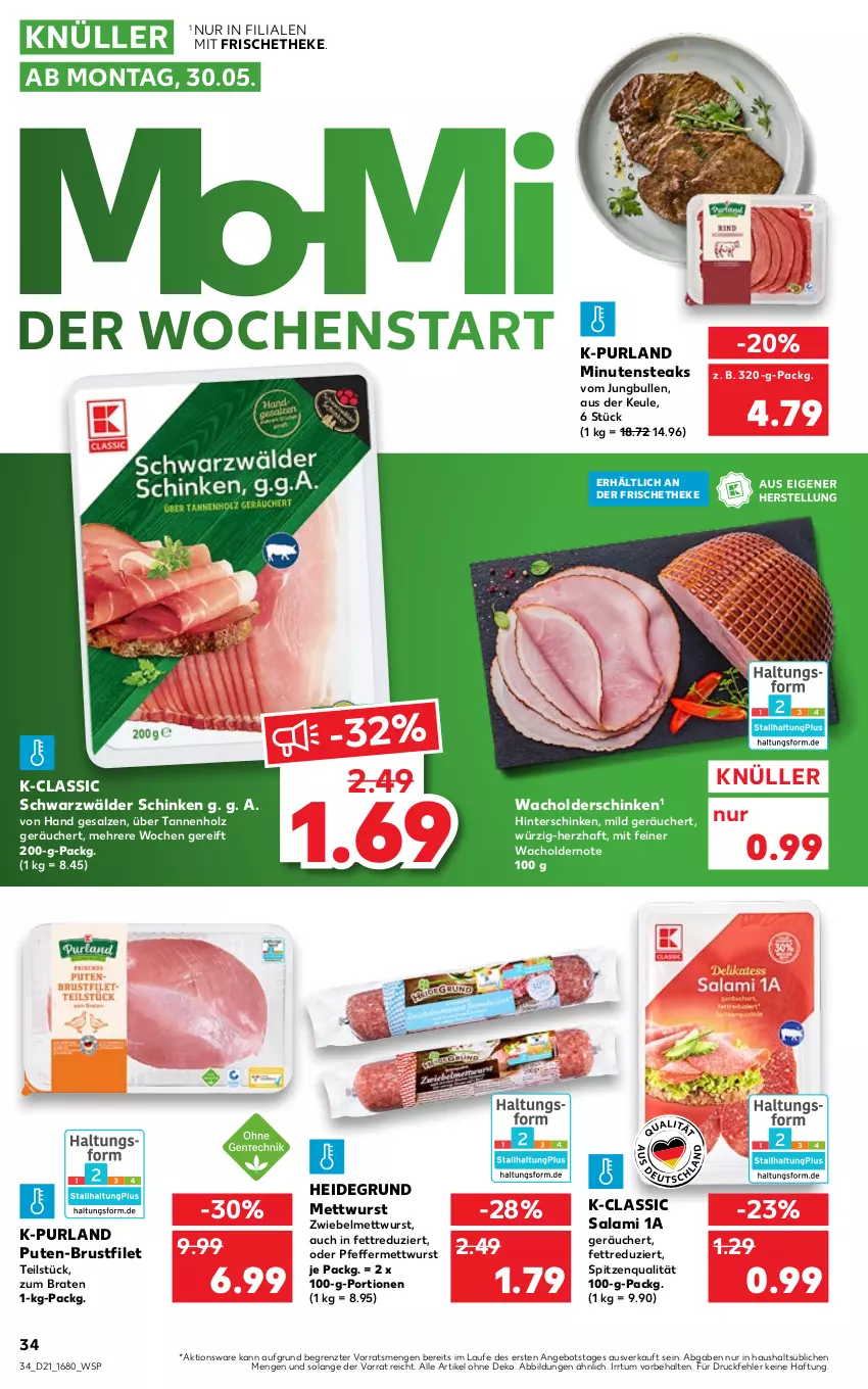 Aktueller Prospekt Kaufland - von 27.05 bis 01.06.2022 - strona 34 - produkty: angebot, braten, brustfilet, filet, hinterschinken, Holz, jungbullen, Mett, mettwurst, minutensteaks, pfeffer, purland, pute, salami, salz, schinken, schwarzwälder schinken, spitzenqualität, steak, steaks, Ti, wurst, ZTE, zwiebel, zwiebelmettwurst