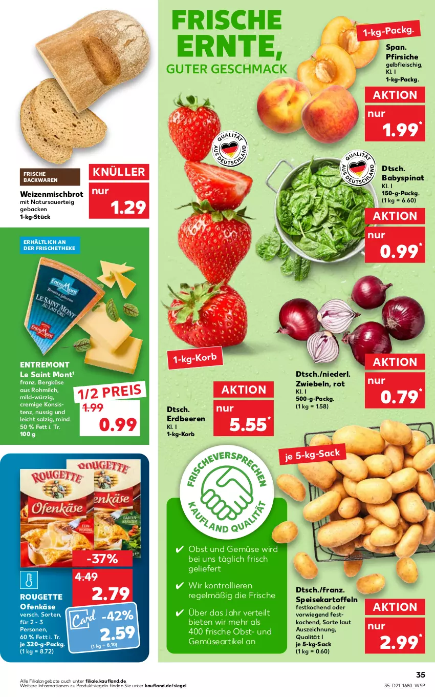 Aktueller Prospekt Kaufland - von 27.05 bis 01.06.2022 - strona 35 - produkty: angebot, angebote, auer, Babyspinat, backwaren, beere, beeren, Bergkäse, brot, eis, erdbeere, erdbeeren, fleisch, frische backwaren, geback, kartoffel, kartoffeln, Käse, korb, milch, natur, nuss, obst, Obst und Gemüse, Ofen, Ofenkäse, pfirsich, pfirsiche, reis, rouge, rougette, sac, salz, speisekartoffeln, spinat, Ti, trolli, und gemüse, weizenmischbrot, zwiebel, zwiebeln