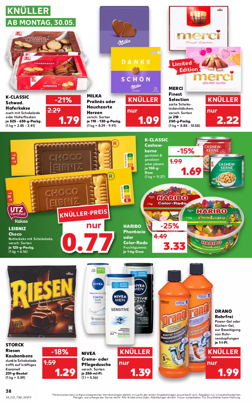 Aktueller Prospekt Kaufland - von 27.05 bis 01.06.2022 - strona 38 - produkty: angebot, beutel, bonbons, butter, butterkeks, Cashew, cashewkerne, creme, dusche, eis, frucht, fruchtgummi, fruchtgummis, hafer, haferflocken, haribo, karamell, keks, kekse, küche, Küchen, leibniz, merci, milka, nivea, pflegedusche, power-gel, salz, schoko, schokolade, schokoladen, storck, Ti, topf, ZTE