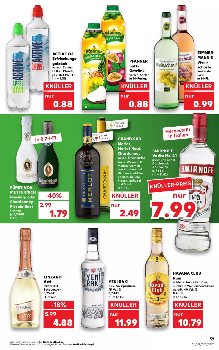 Aktueller Prospekt Kaufland - von 27.05 bis 01.06.2022 - strona 39 - produkty: angebot, angebote, asti, chardonnay, cin, cinzano, Cinzano Asti, eis, elle, erfrischungsgetränk, fleisch, fürst von metternich, Geflügel, getränk, grand sud, Havana Club, himbeer, kirsch, kirsche, kirschen, konfitüre, mac, merl, merlot, Mett, metternich, pfanne, Pfanner, riesling, rotwein, rum, saft, salat, schorle, sekt, smirnoff, Ti, vodka, wein, weine, weinschorle, Weißwein, yeni raki