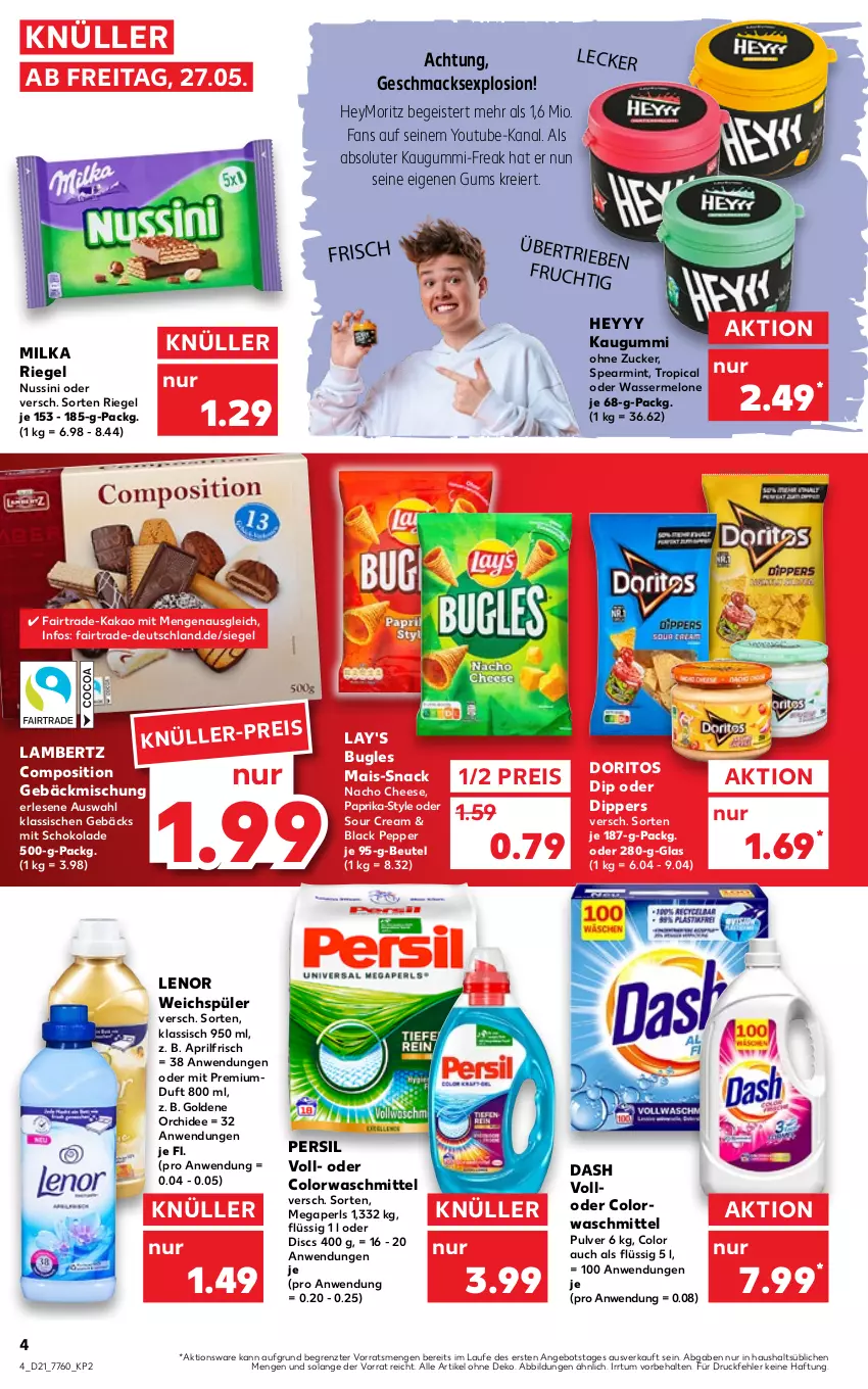 Aktueller Prospekt Kaufland - von 27.05 bis 01.06.2022 - strona 4 - produkty: Amber, angebot, beutel, bugles, colorwaschmittel, dip, Doritos, eier, eis, gebäckmischung, kakao, kaugummi, lack, lambertz, lay's, lenor, lenor weichspüler, mac, mais, megaperls, melone, milka, mint, nacho, nacho cheese, nuss, orchidee, paprika, persil, pril, reis, riegel, schoko, schokolade, snack, sour cream, Ti, waschmittel, wasser, wassermelone, weichspüler, Yo, ZTE, zucker