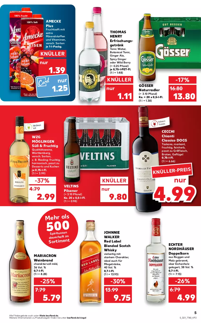 Aktueller Prospekt Kaufland - von 27.05 bis 01.06.2022 - strona 5 - produkty: amecke, angebot, angebote, auer, blended scotch, blended scotch whisky, braten, chia, chianti, classico, dessert, desserts, doppelkorn, eis, erfrischungsgetränk, fleisch, frucht, fruchtsaft, Geflügel, getränk, getränke, gin, ginger, ginger ale, gösser, grill, Holz, johnnie walker, korn, kuchen, malz, mariacron, Mixgetränk, natur, pils, pilsener, qualitätswein, qualitätsweine, radler, Ria, riesling, rotwein, saft, scotch, scotch whisky, spirituosen, thomas henry, Ti, tonic, tonic water, veltins, veltins pilsener, vita, Vitamine, wein, weinbrand, weine, Weißwein, whisky, Wild, wild berry