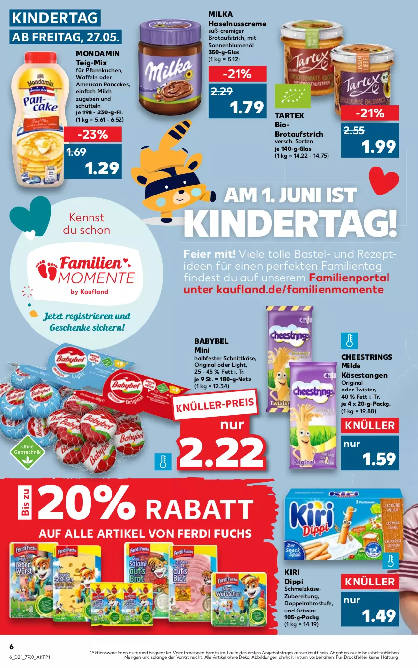 Aktueller Prospekt Kaufland - von 27.05 bis 01.06.2022 - strona 6 - produkty: angebot, aufstrich, babybel, bio, blume, blumen, blumenöl, brot, brotaufstrich, creme, dip, doppelrahmstufe, eier, eis, ente, ferdi fuchs, gin, grissini, halbfester schnittkäse, haselnuss, Haselnusscreme, Käse, Kinder, kiri, kuchen, milch, milka, mondamin, nuss, Pfannkuchen, rezept, ring, Schmelzkäse, schmelzkäsezubereitung, schnittkäse, sonnenblume, sonnenblumen, sonnenblumenöl, String, Ti, waffeln, ZTE