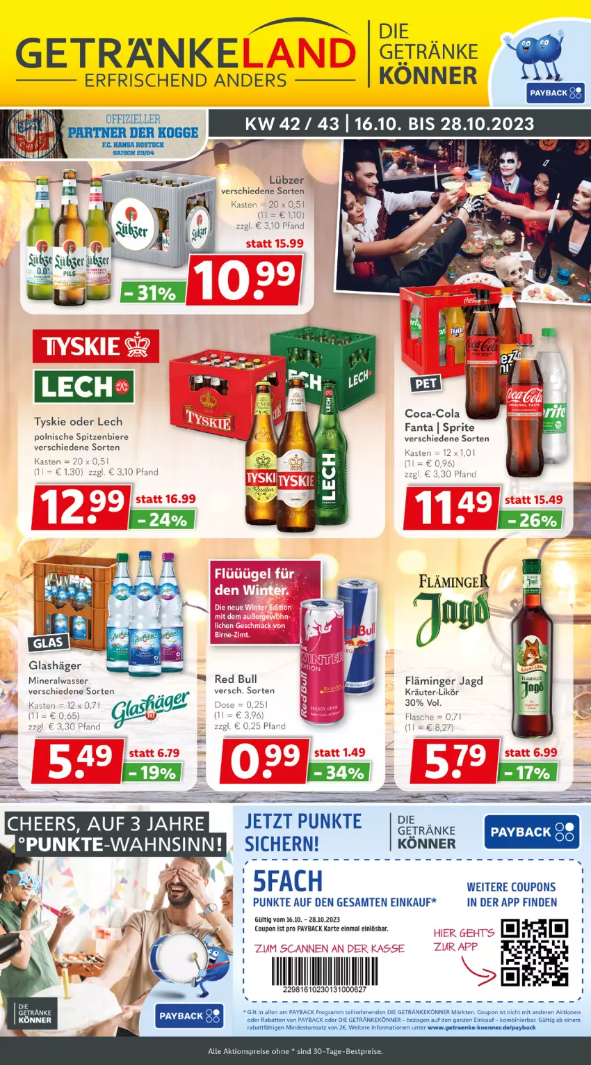 Aktueller Prospekt Getraenkeland - von 16.10 bis 28.10.2023 - strona 1 - produkty: aktionspreis, Alwa, bestpreis, bestpreise, bier, Biere, coca-cola, cola, coupon, coupons, eis, elle, fanta, flasche, getränk, getränke, kräuter, likör, mineralwasser, payback, pils, red bull, reis, sprite, Ti, tyskie, wasser