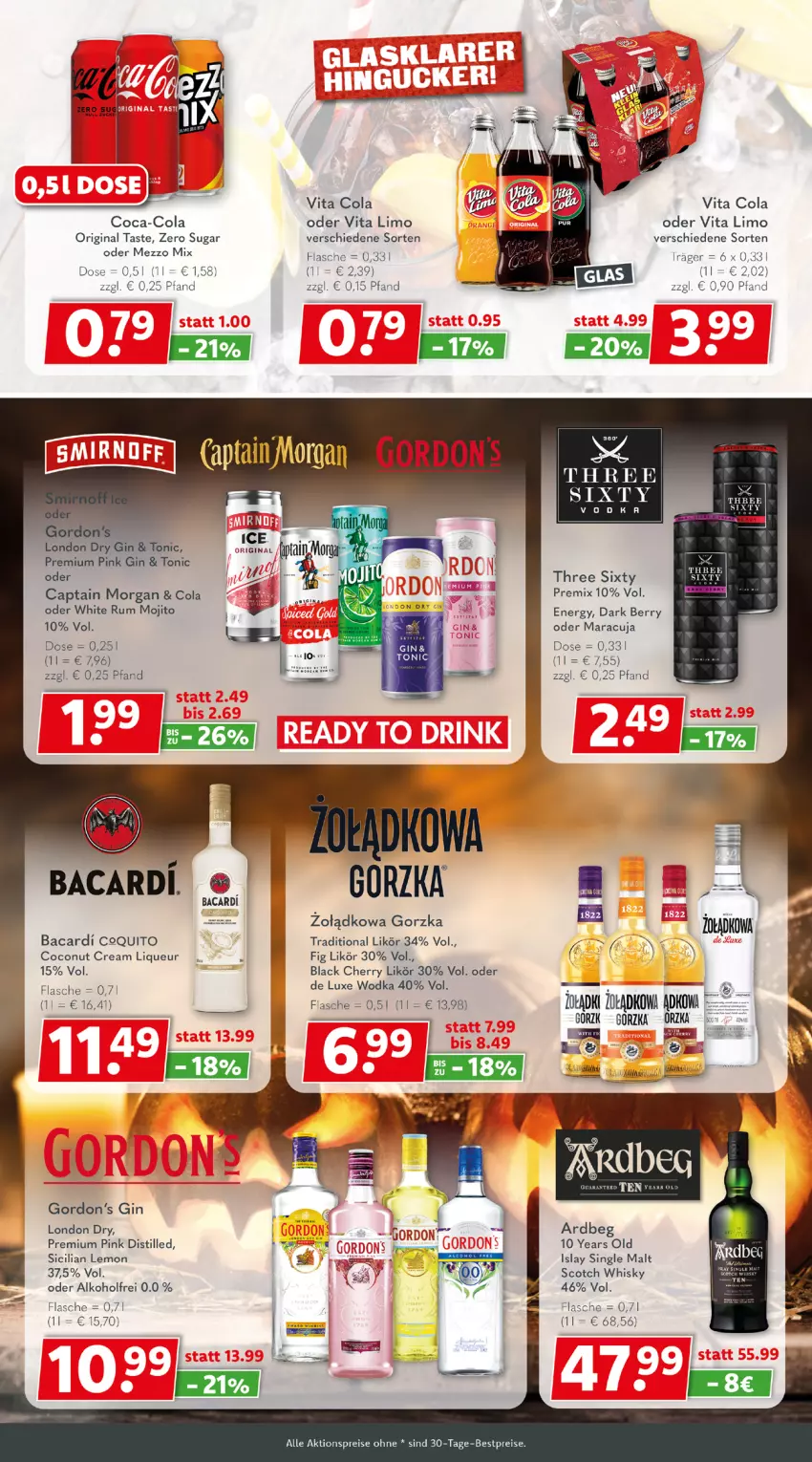 Aktueller Prospekt Getraenkeland - von 16.10 bis 28.10.2023 - strona 5 - produkty: aktionspreis, alkohol, bacardi, bestpreis, bestpreise, Cap, captain morgan, coca-cola, coconut, cola, dry gin, eis, flasche, gin, gordon, Gordon’s, gordons, islay single malt, lack, likör, limo, liqueur, london dry, london dry gin, maracuja, Mezzo Mix, mojito, reis, rum, scotch, scotch whisky, single malt, Three Sixty, Ti, tonic, vita, Vita C, whisky, white rum, wodka