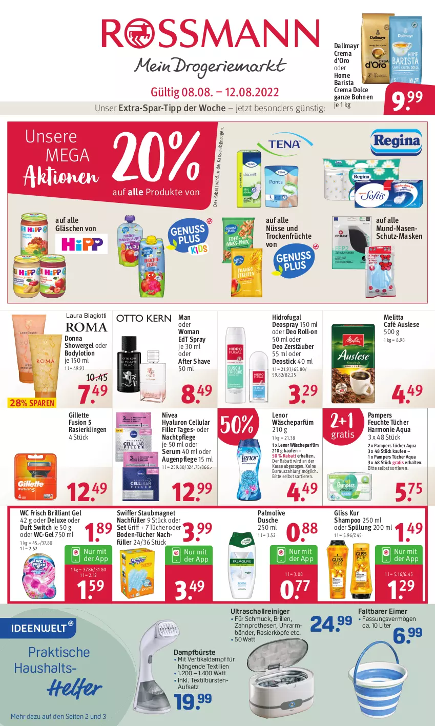 Aktueller Prospekt Rossmann - Prospekte - von 08.08 bis 12.08.2022 - strona 1 - produkty: after shave, aqua, Augenpflege, body, bodylotion, bohne, bohnen, Brille, bürste, bürsten, cellular filler, dallmayr, deo, deo roll-on, deospray, deospray 150 ml, Deostick, dusche, edt spray, eimer, feuchte tücher, früchte, gillette, gliss, gliss kur, hyaluron, laura biagiotti, lenor, Lotion, Maske, melitta, nachtpflege, nivea, oder deo roll-on, olive, palmolive, pampers, Rasierklinge, rasierklingen, reiniger, roll-on, rum, Schal, Schmuck, Serum, shampoo, shampoo 250 ml, spülung, spülung 200 ml, staubmagnet, swiffer, Ti, Tiere, tisch, Trockenfrüchte, tücher, uhr, wäscheparfüm, wc frisch, wc-gel